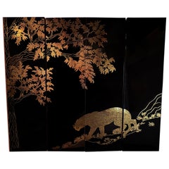 Black Lacquer And Brass Room Divider Screen