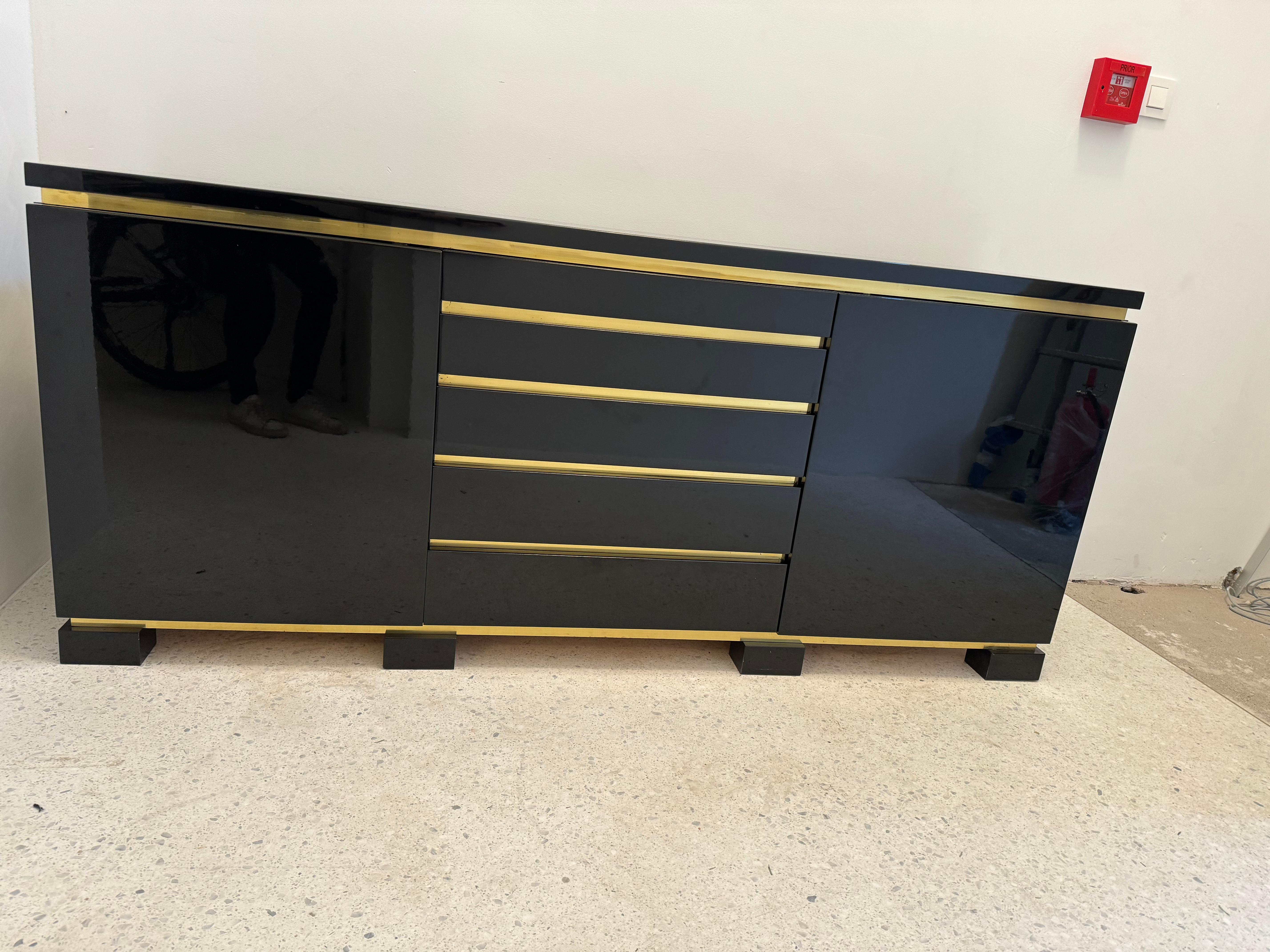 Late 20th Century Black lacquer and brass sideboard, 1970s For Sale