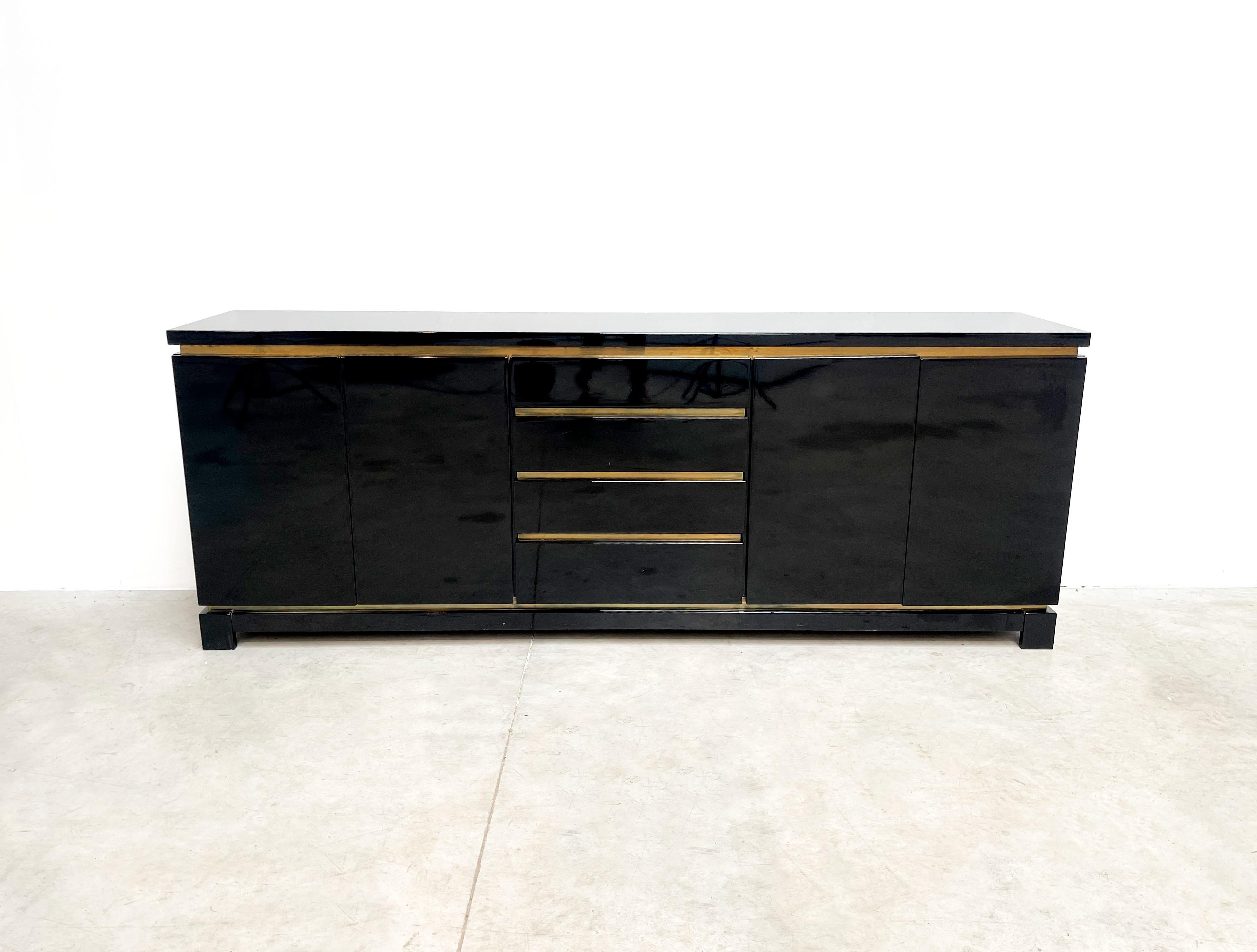 French Black lacquer and brass sideboard by Jean Claude Mahey, 1970s  For Sale