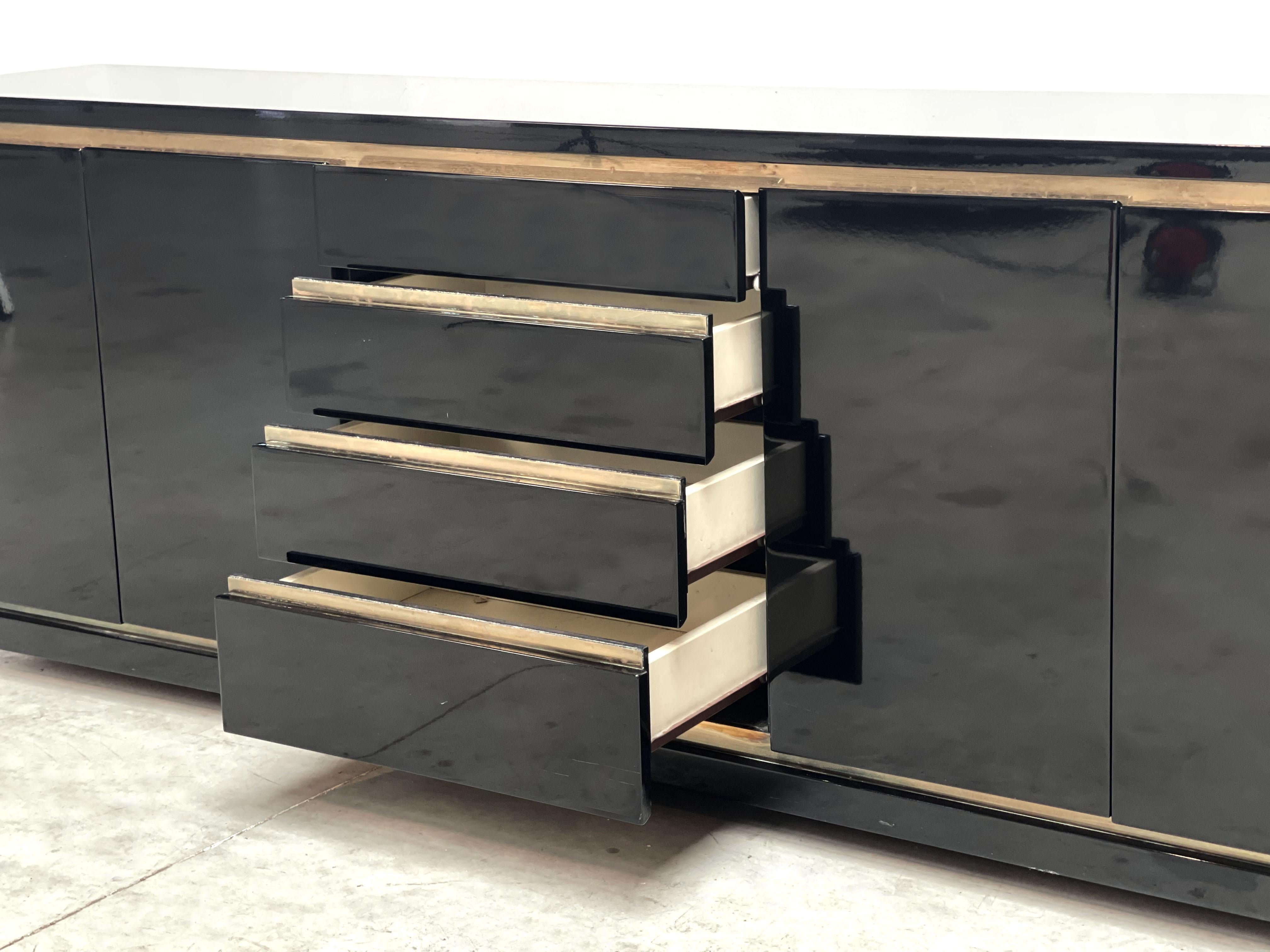 Brass Black lacquer and brass sideboard by Jean Claude Mahey, 1970s  For Sale