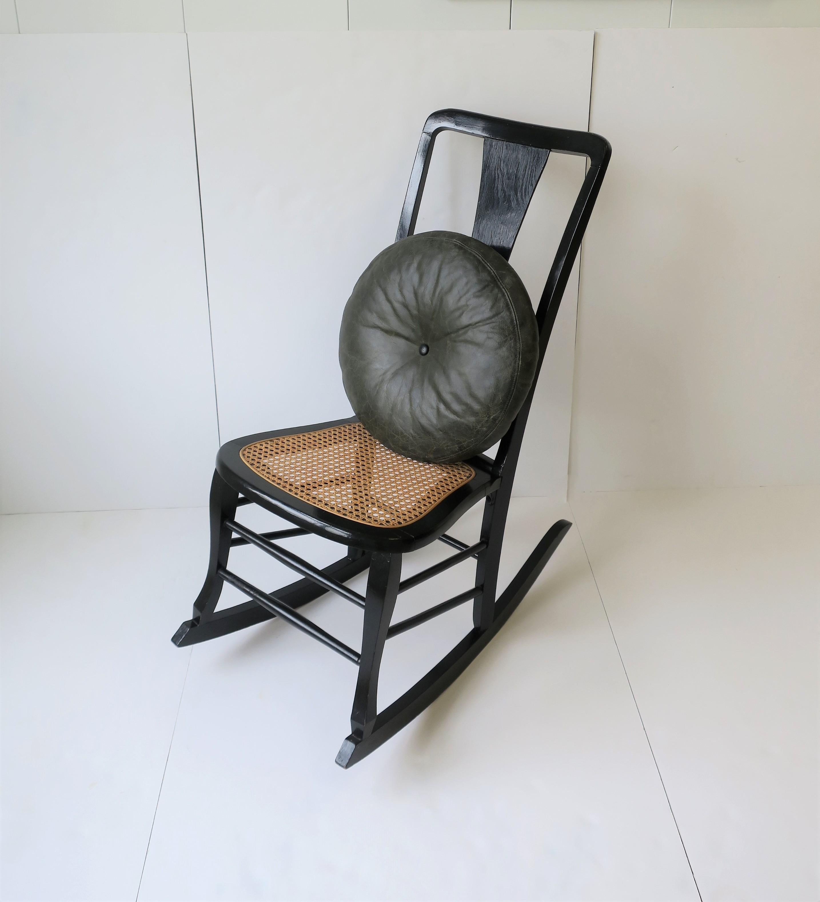 20th Century Wicker Cane and Black Wood Rocking Chair For Sale