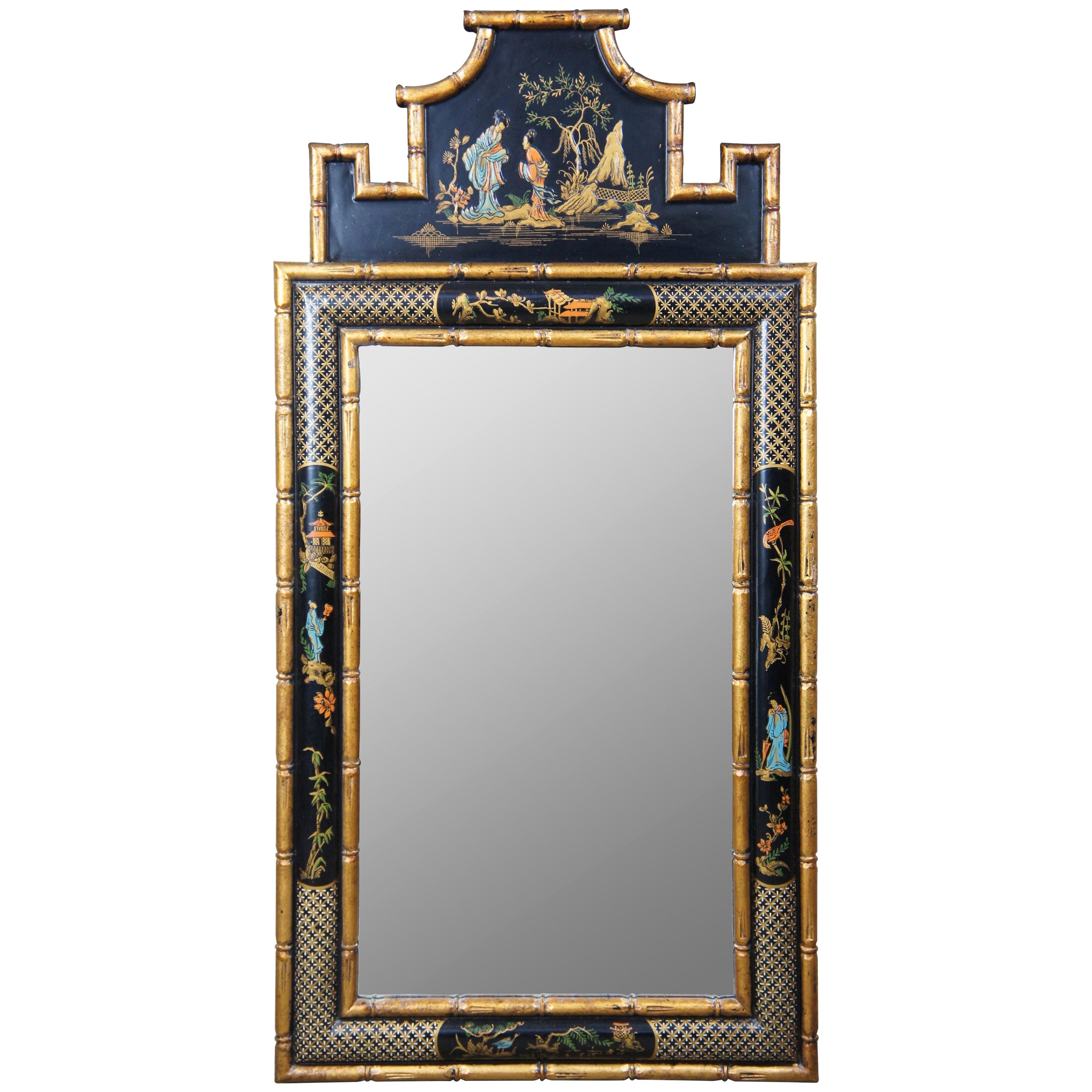Black Lacquer and Faux Bamboo Chinoiserie Pagoda Mirror Hollywood Regency