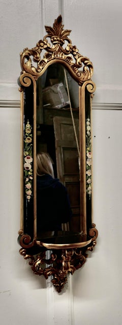 Miroir mural long en laque noire et dorée avec étagère