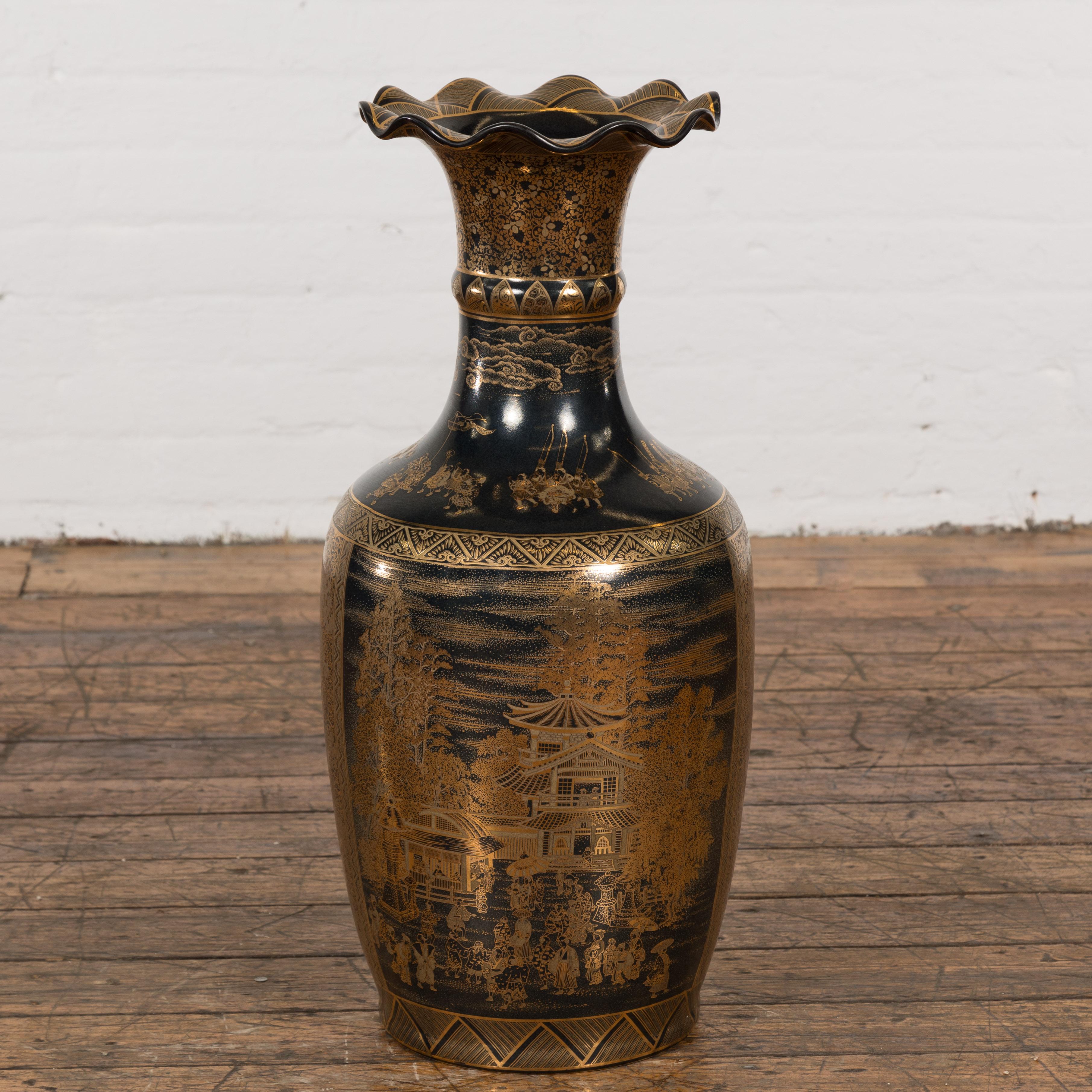 Lacquered Black Lacquer and Gold Leaf Underlay Chinese Altar Vase with Scalloped Top For Sale