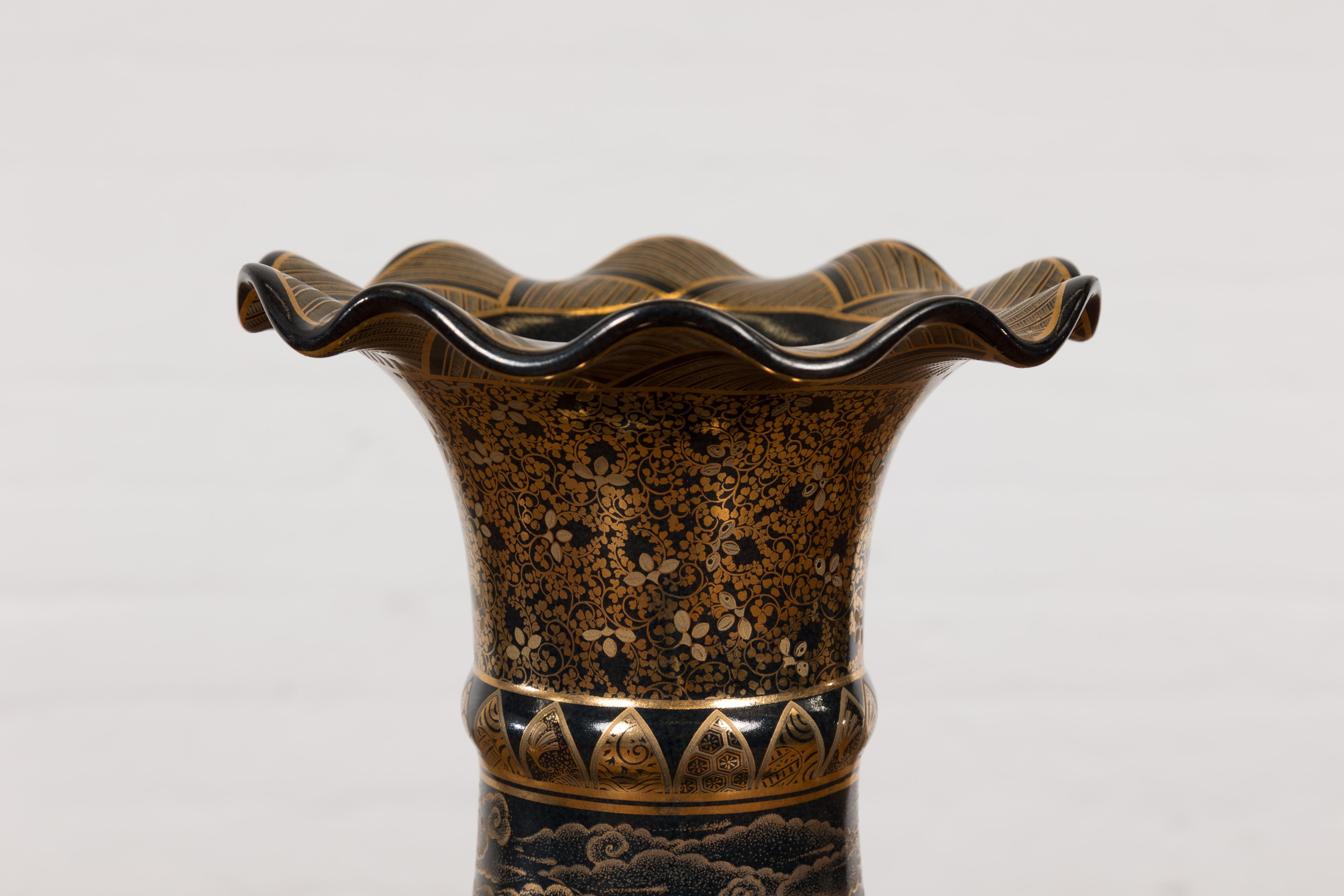 Ceramic Black Lacquer and Gold Leaf Underlay Chinese Altar Vase with Scalloped Top For Sale