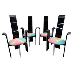 Mid Century Black Lacquer High Back Dining Chairs with lucite legs 1970s set 4