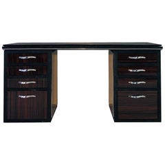 Black Lacquer and Macassar Art Deco Desk Alcantara Top