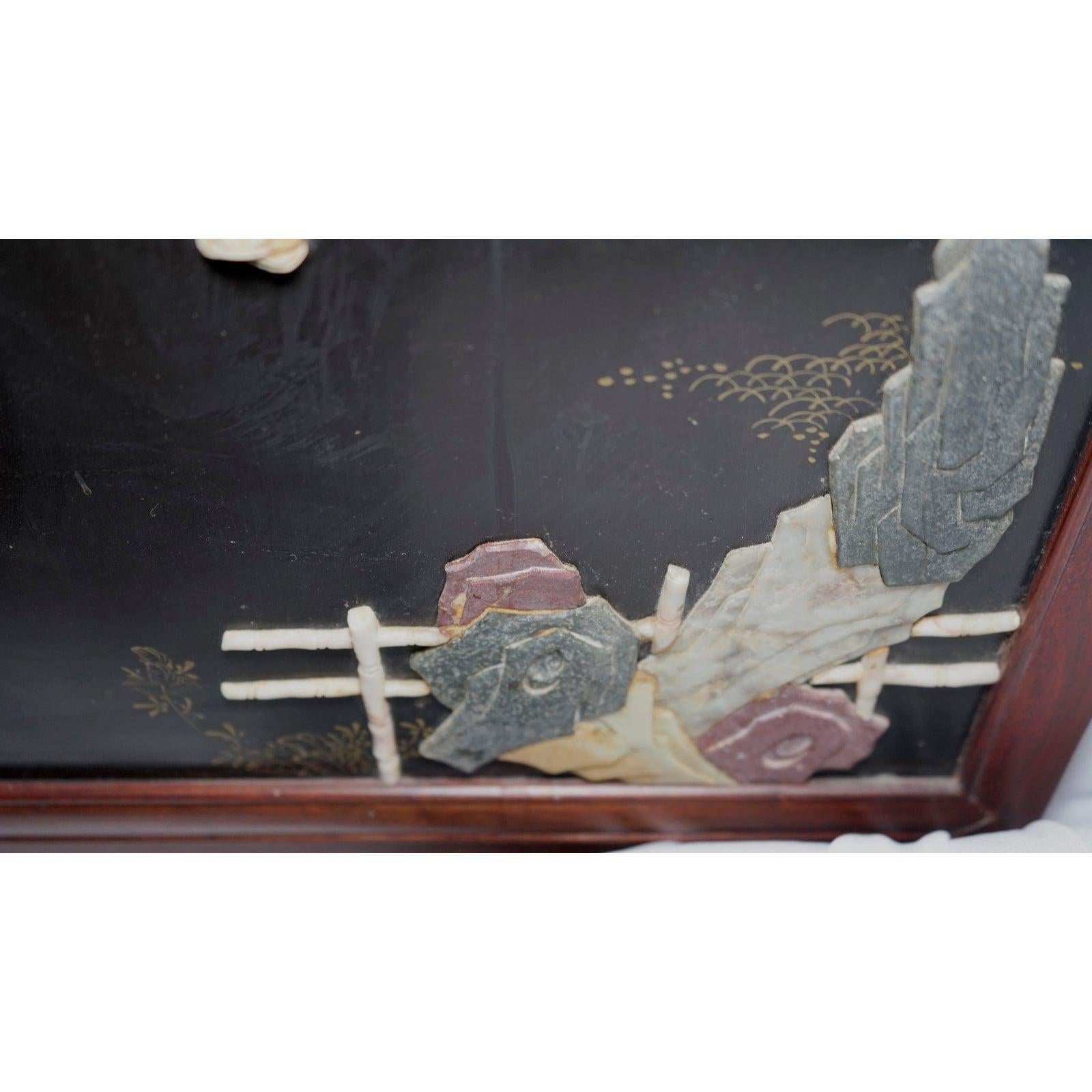 Chinese Export Black Lacquer and Rosewood Cabinet with Soapstone and Bone Inlay For Sale