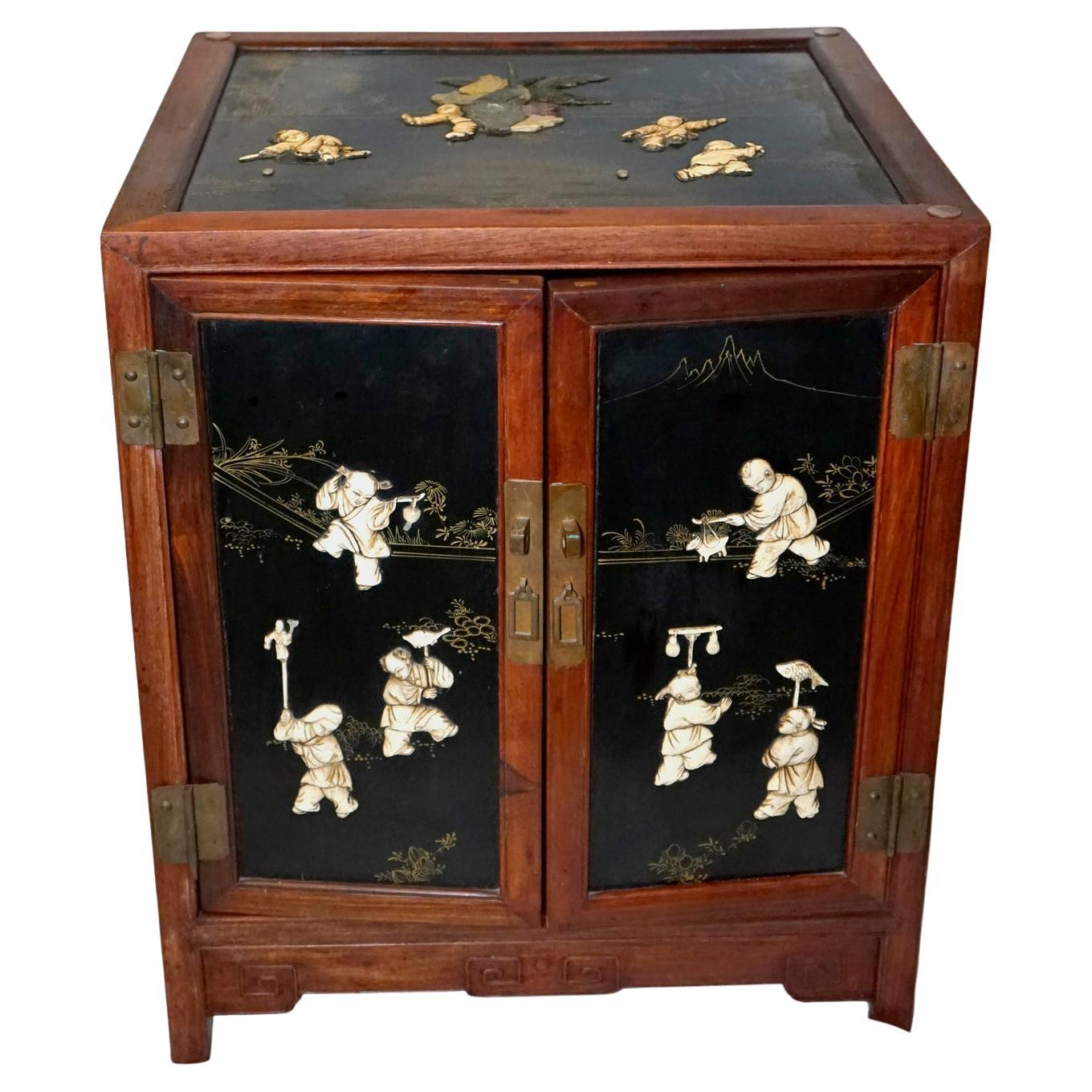 Black Lacquer and Rosewood Cabinet with Soapstone and Bone Inlay For Sale