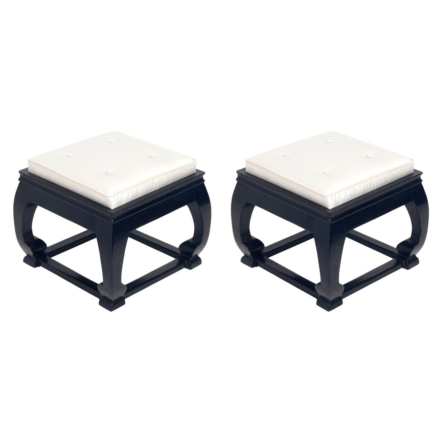 Black Lacquer and Silk Chinoiserie Stools