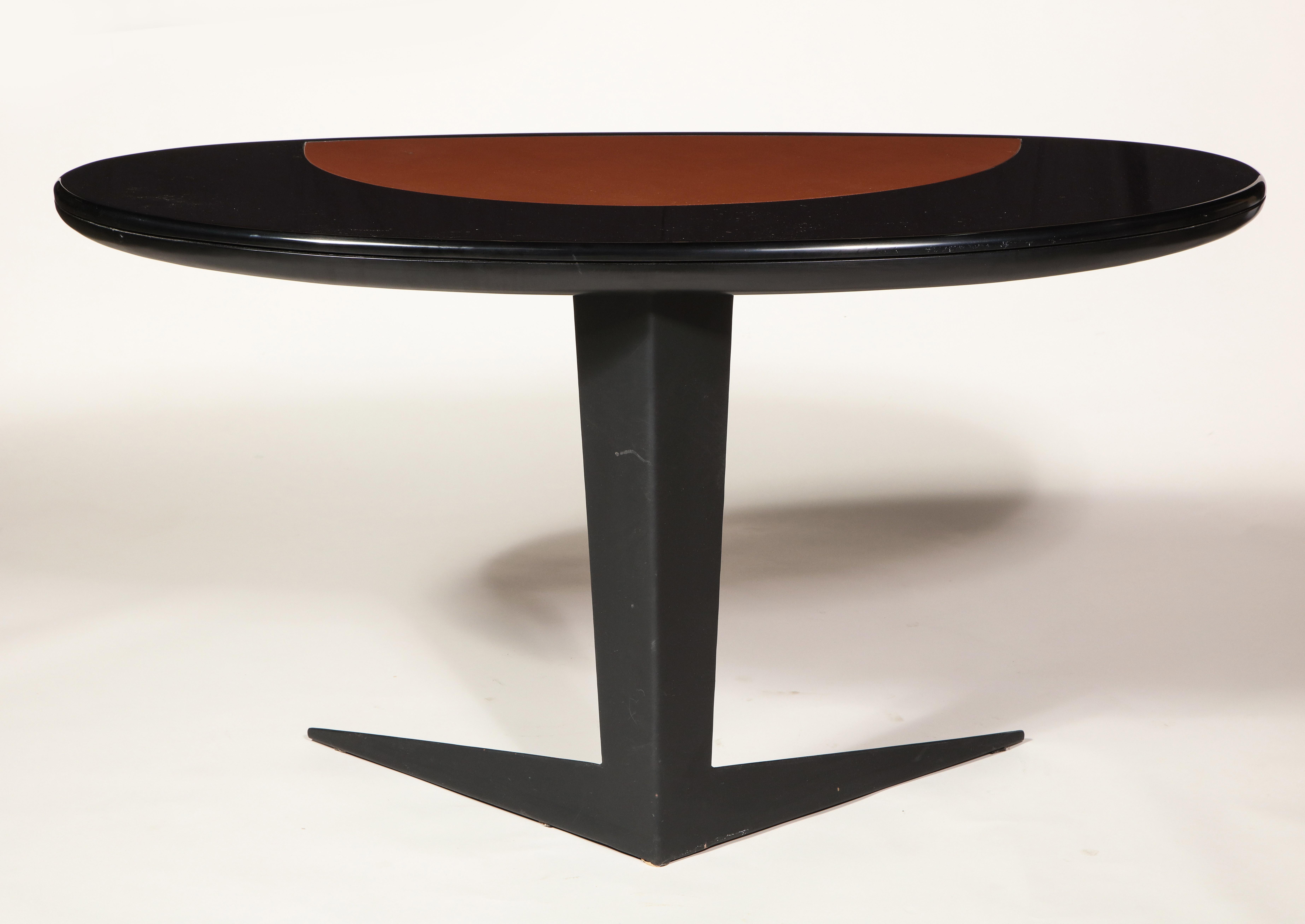 Italian Space Age Black Brown Lacquer Steel Oval Desk Console Table, France, 1960s