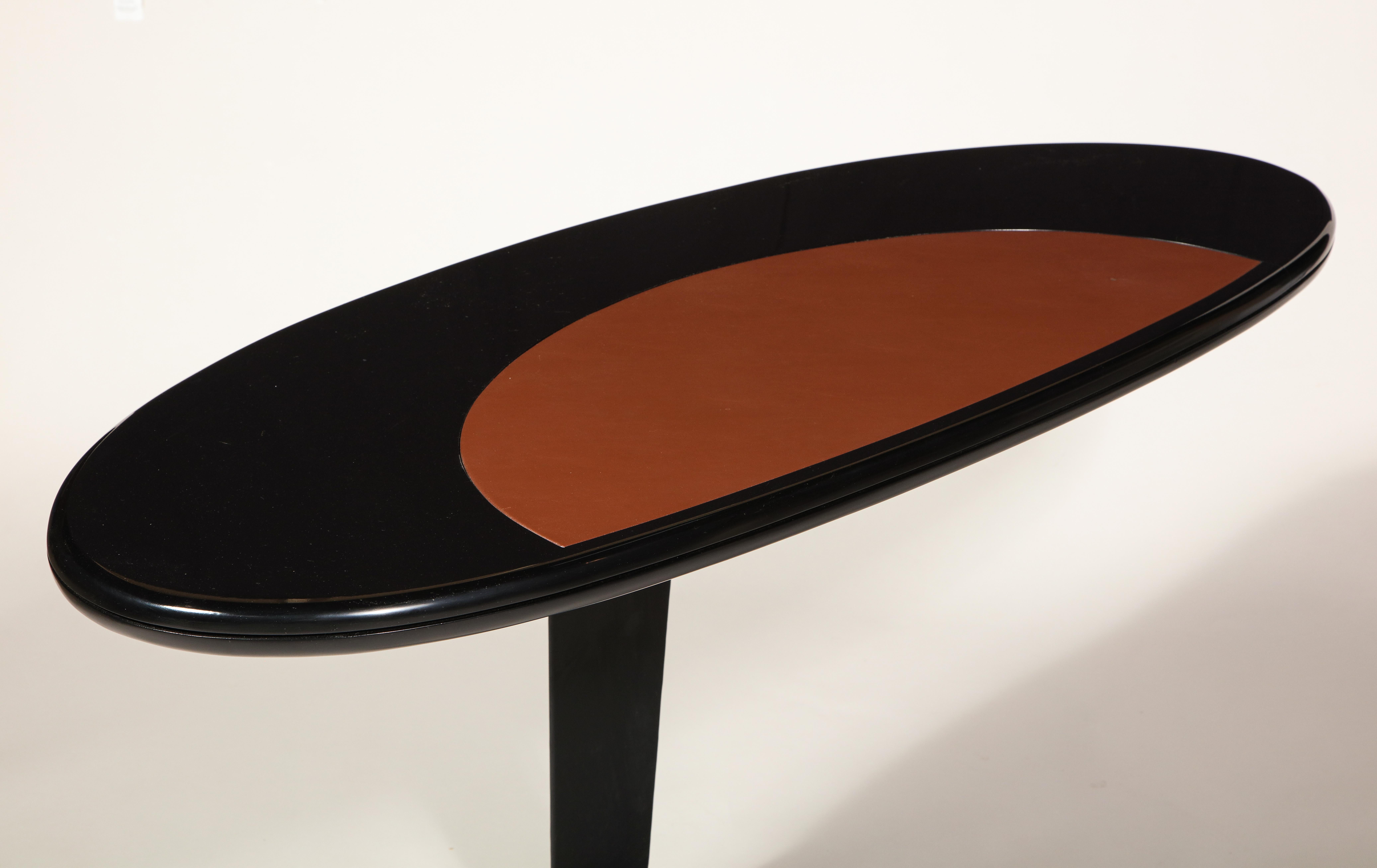 Iron Space Age Black Brown Lacquer Steel Oval Desk Console Table, France, 1960s