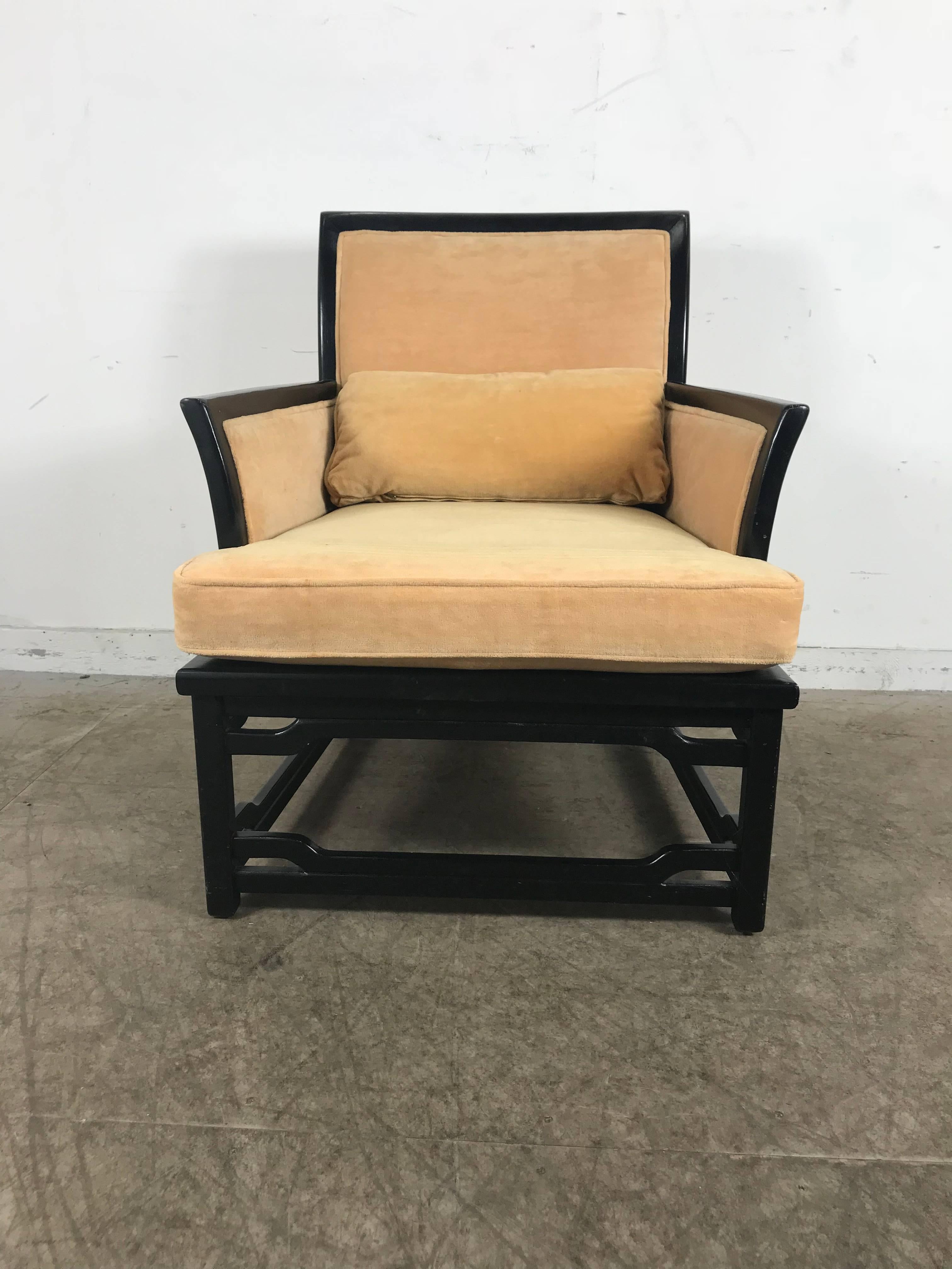 Black lacquer and velvet Asian inspired armchair by Hibriten in the style of James Mont, Stylish and comfortable. Hand delivery avail to New York City or anywhere en route from Buffalo NY.