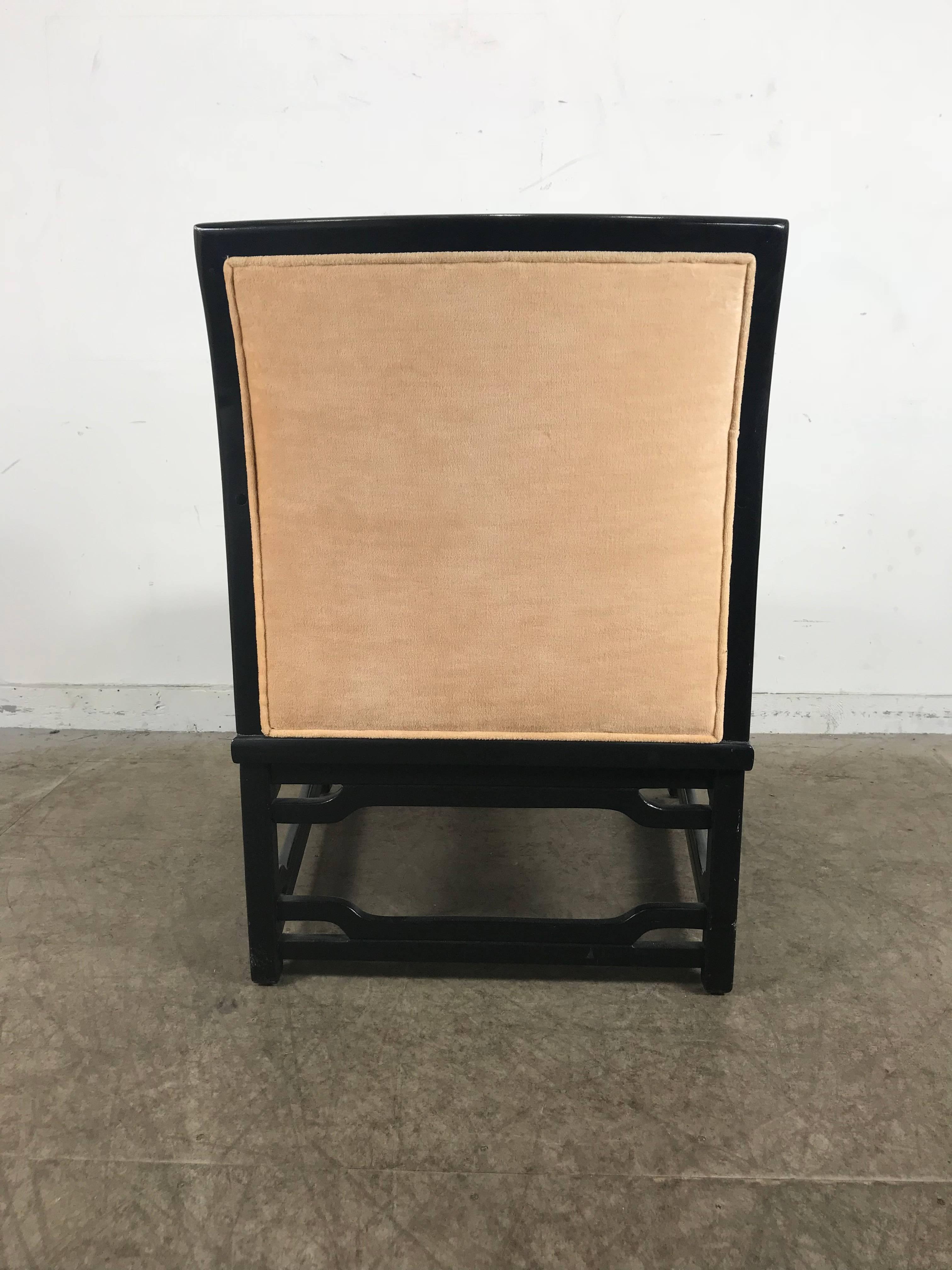 Mid-Century Modern Black Lacquer and Velvet Asian Modern Armchair by Hibriten after James Mont