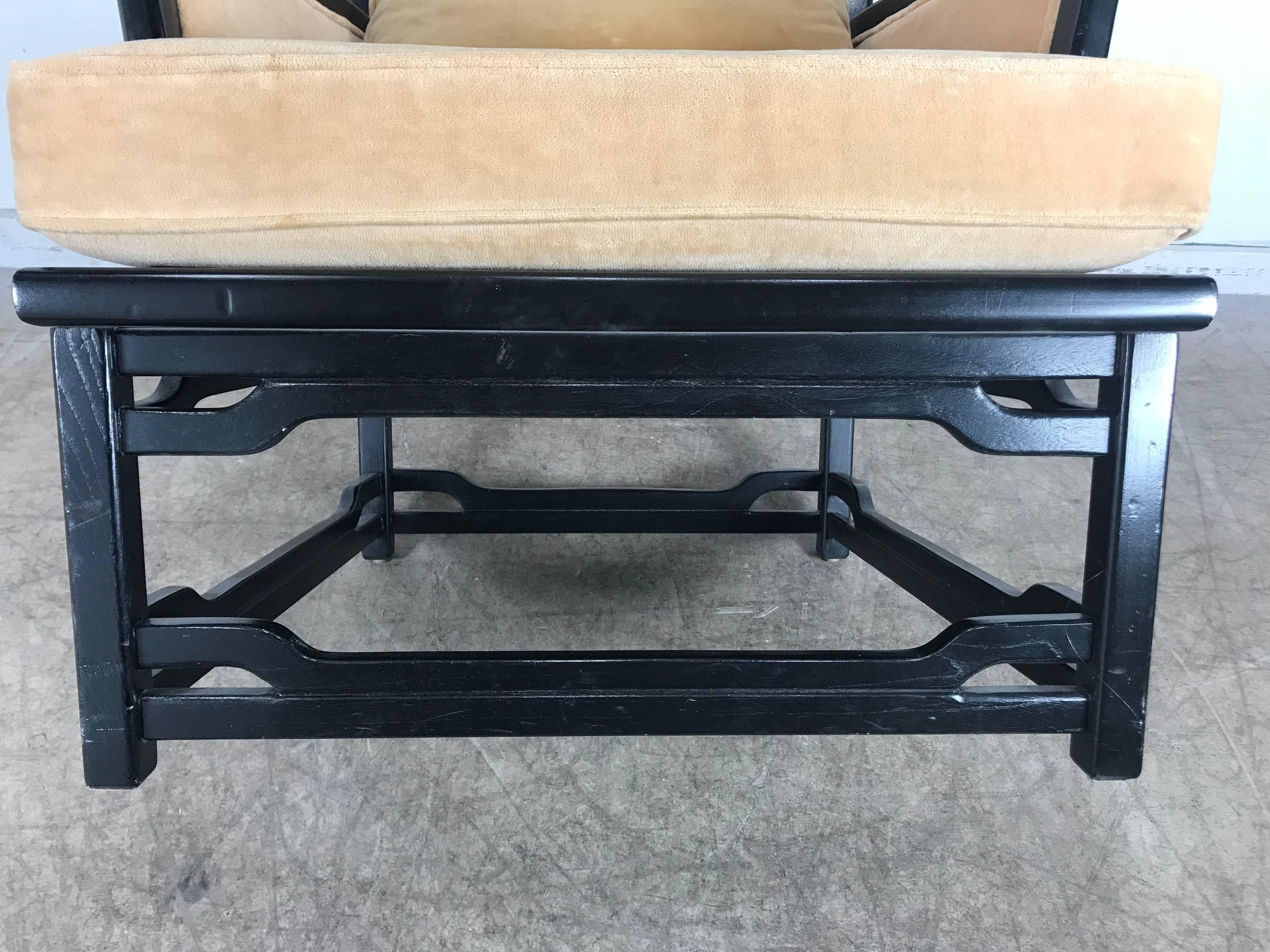Black Lacquer and Velvet Asian Modern Armchair by Hibriten after James Mont In Good Condition In Buffalo, NY