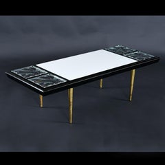 Black Lacquer and White Slate Glass Block Coffee Table with Brass Legs
