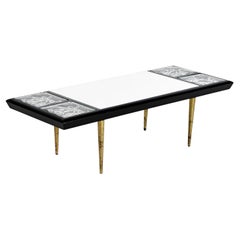 Retro Black Lacquer and White Slate Glass Block Coffee Table with Brass Legs