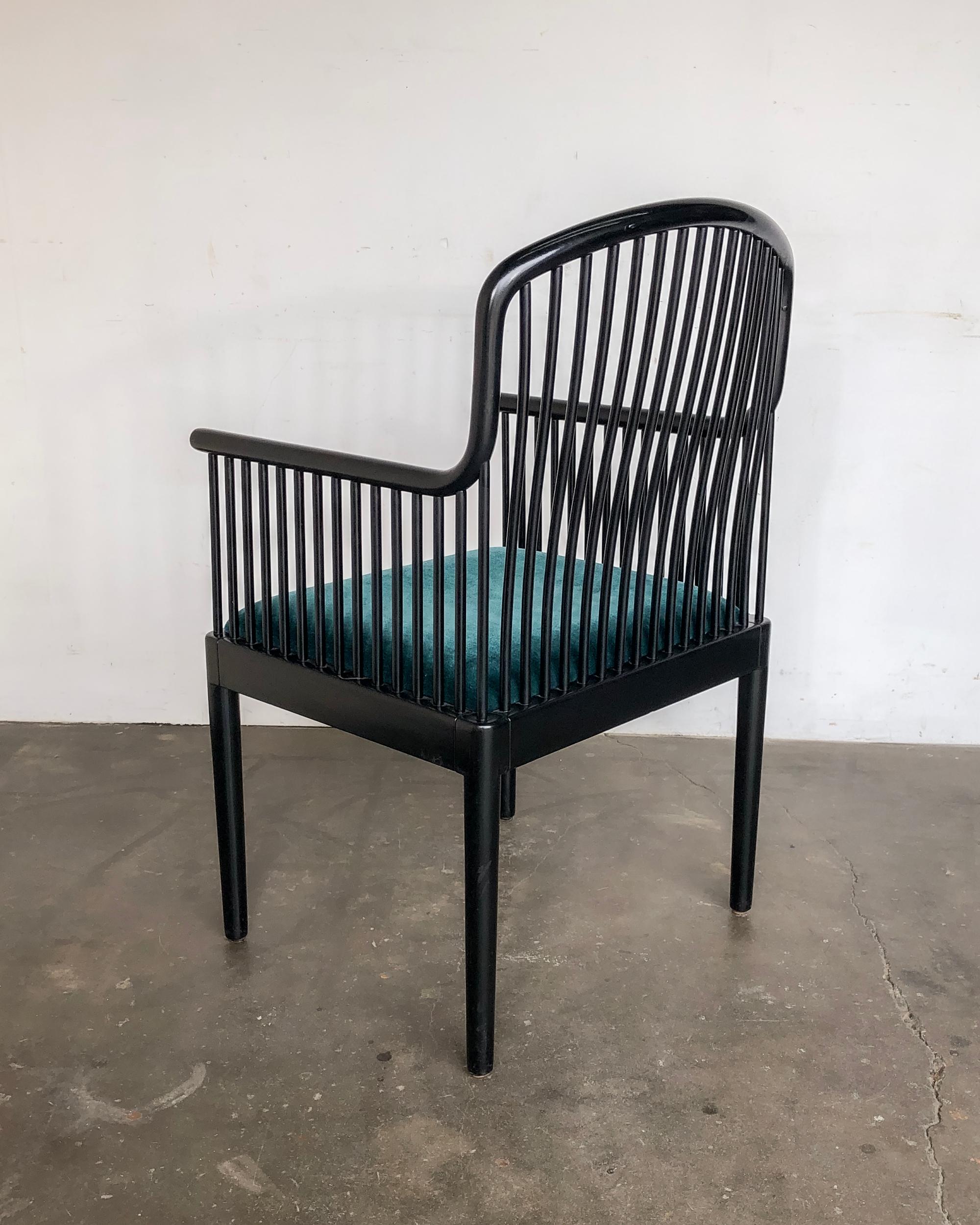 Rare Andover chair designed by Allen Davis for Stendig made in Italy circa 1980. Classic design with bent wood spindles in black lacquer and original emerald green velvet upholstery. Overall great vintage condition, some light wear to lacquer