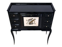 Black Lacquer Art Deco Secretaire Desk With Etched Mirror On Very Elegant Legs