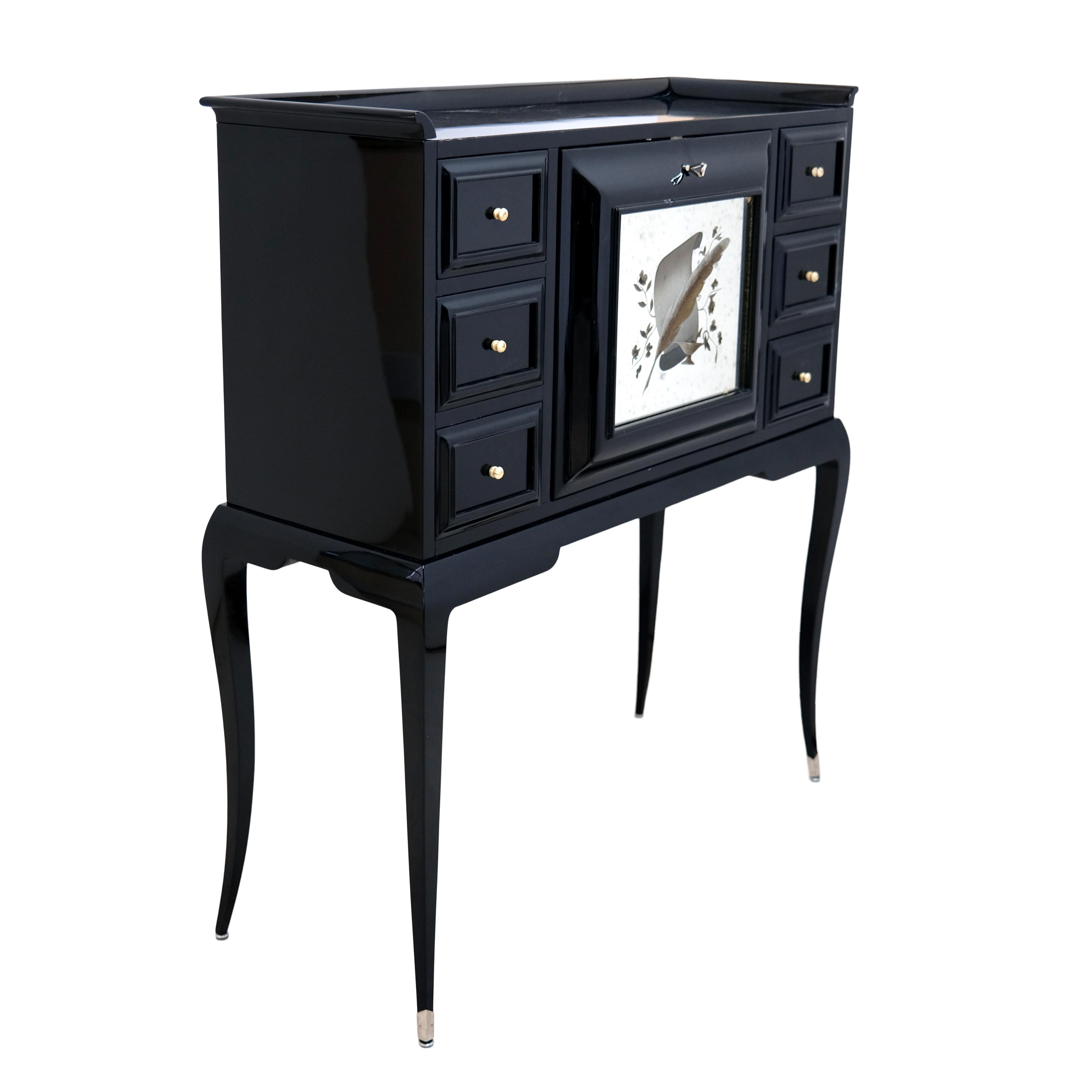 French Black Lacquer Art Deco Secretaire Desk With Etched Mirror On Very Elegant Legs For Sale