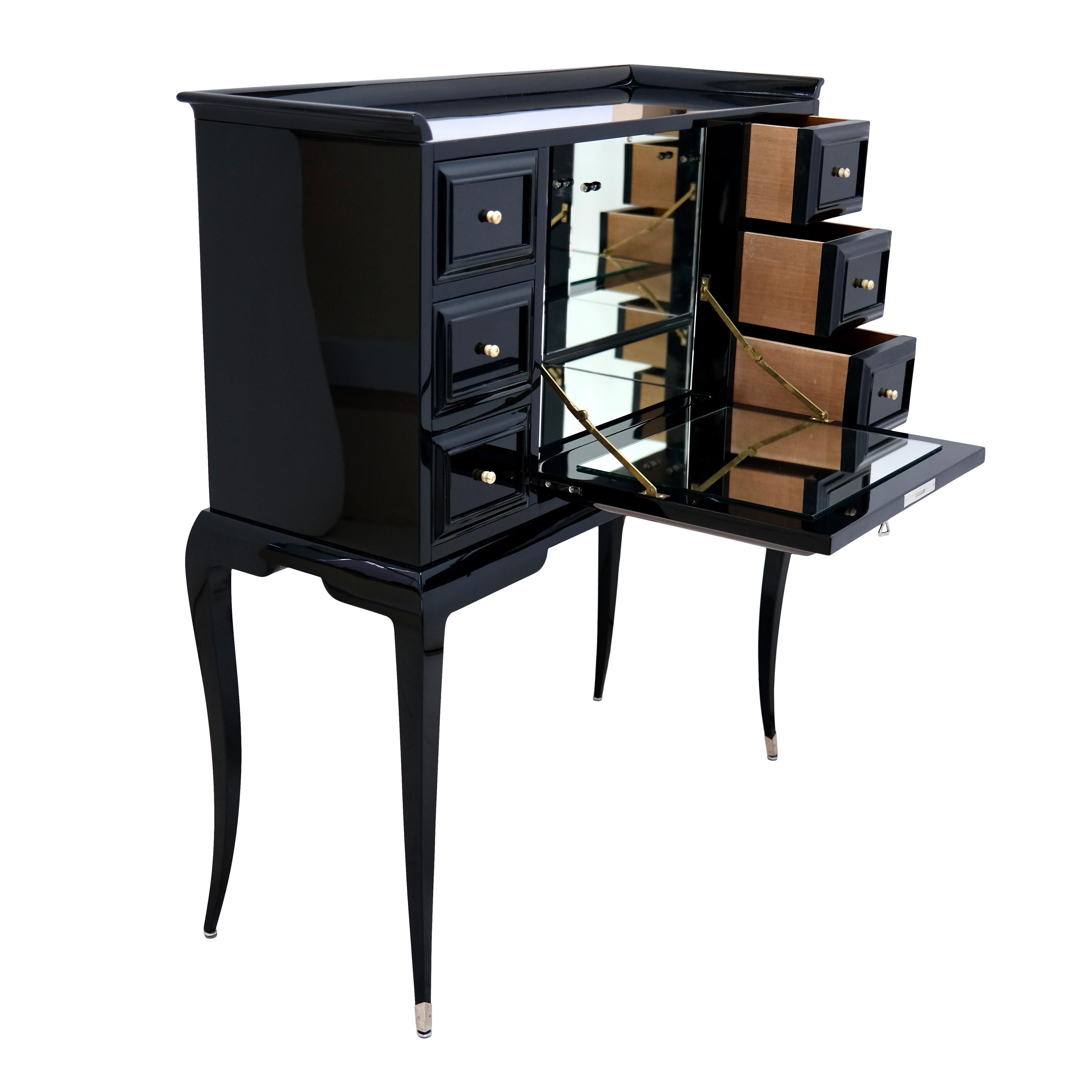 Blackened Black Lacquer Art Deco Secretaire Desk With Etched Mirror On Very Elegant Legs For Sale
