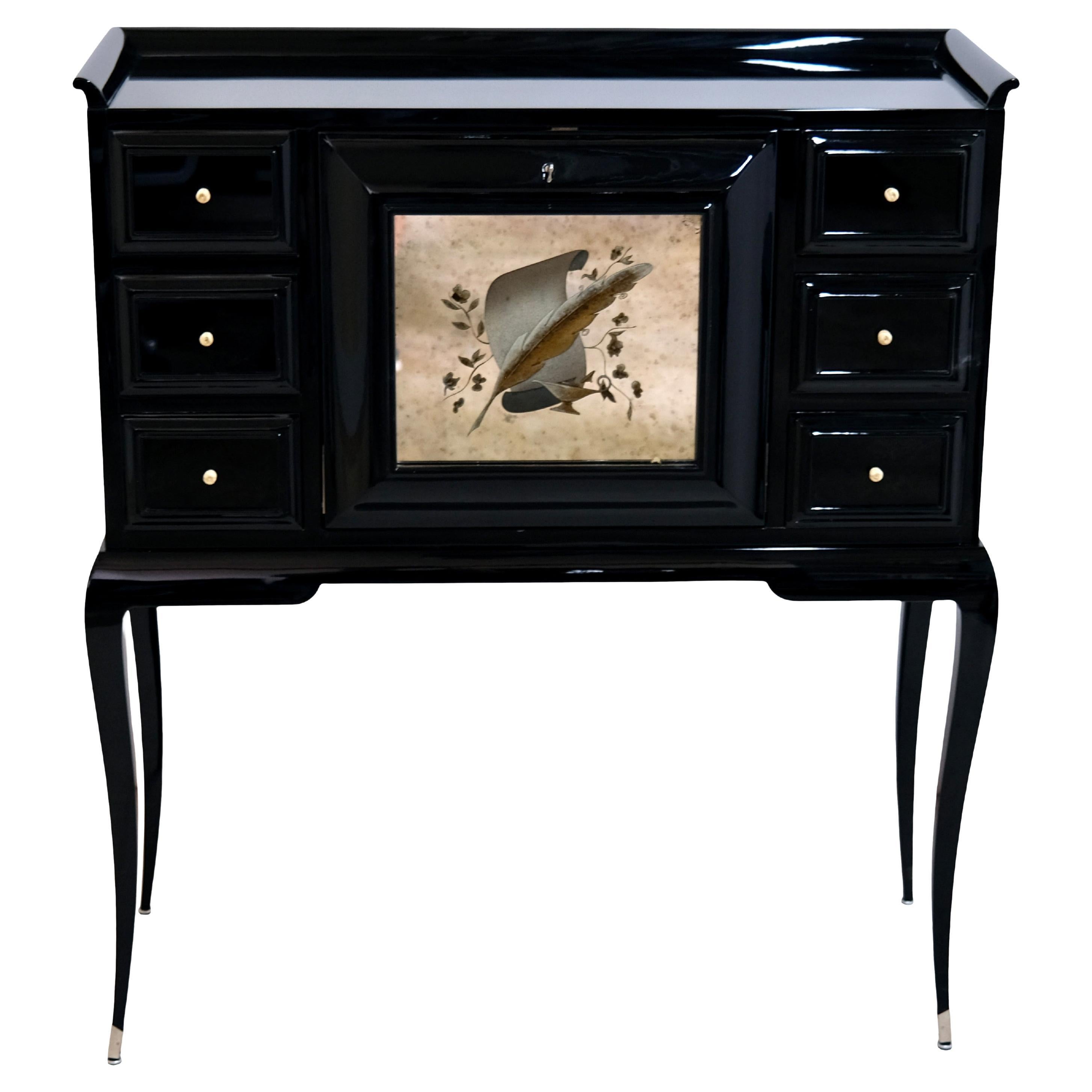 Black Lacquer Art Deco Secretaire Desk With Etched Mirror On Very Elegant Legs For Sale