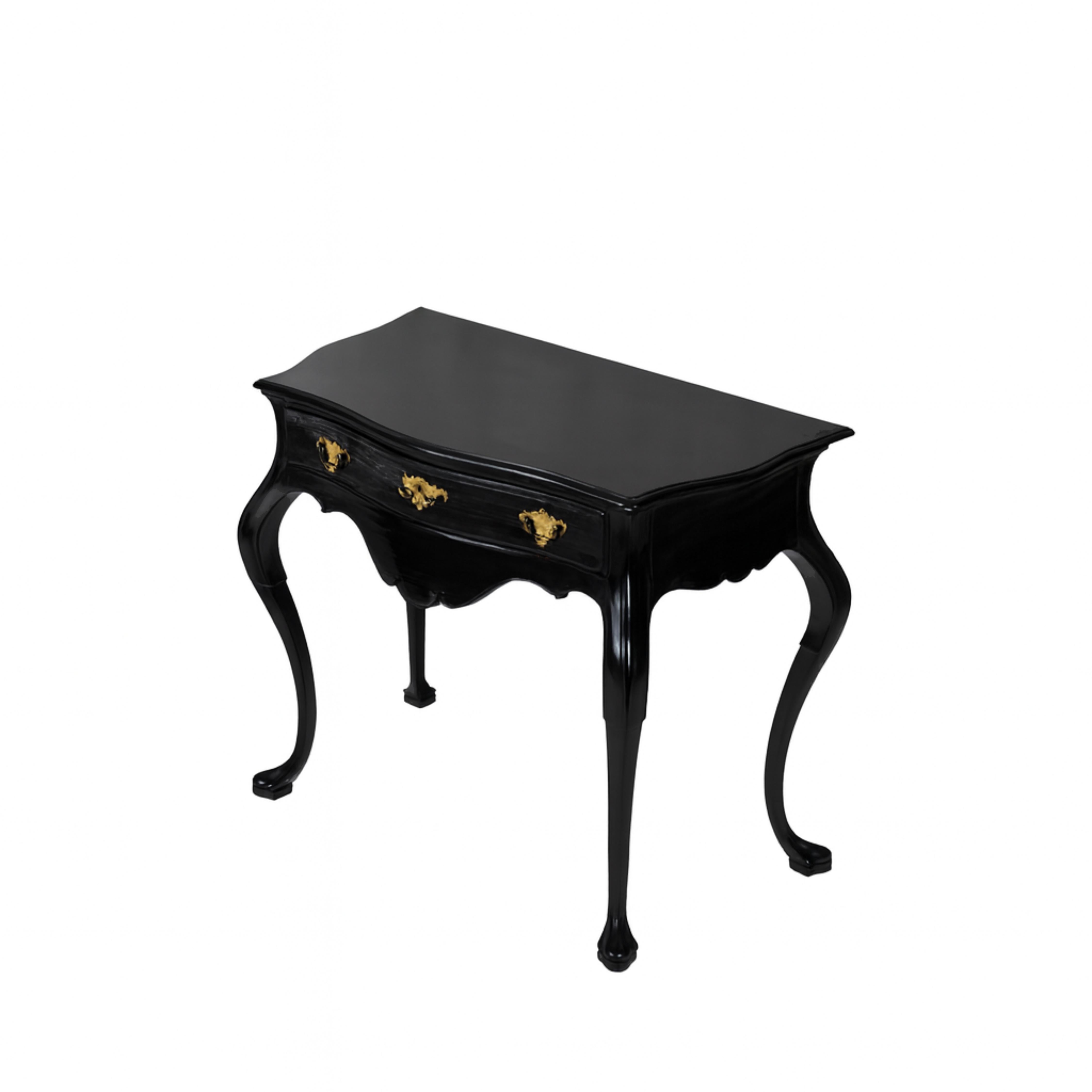 Elevate your space with this high-end Portuguese Baroque-style wood table commode, now reimagined in sleek black lacquer by expert artisans. Featuring a single drawer with a cut-out top that follows the elegant lines of the waist and is framed by a