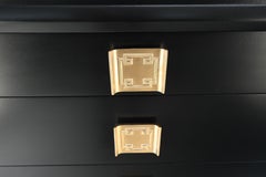 Black Lacquer Beveled Front 5 Drawers Bachelor Chest Dresser Large Gold Pulls