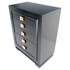 Black Lacquer Beveled Front 5 Drawers Bachelor Chest Dresser Large Gold Pulls