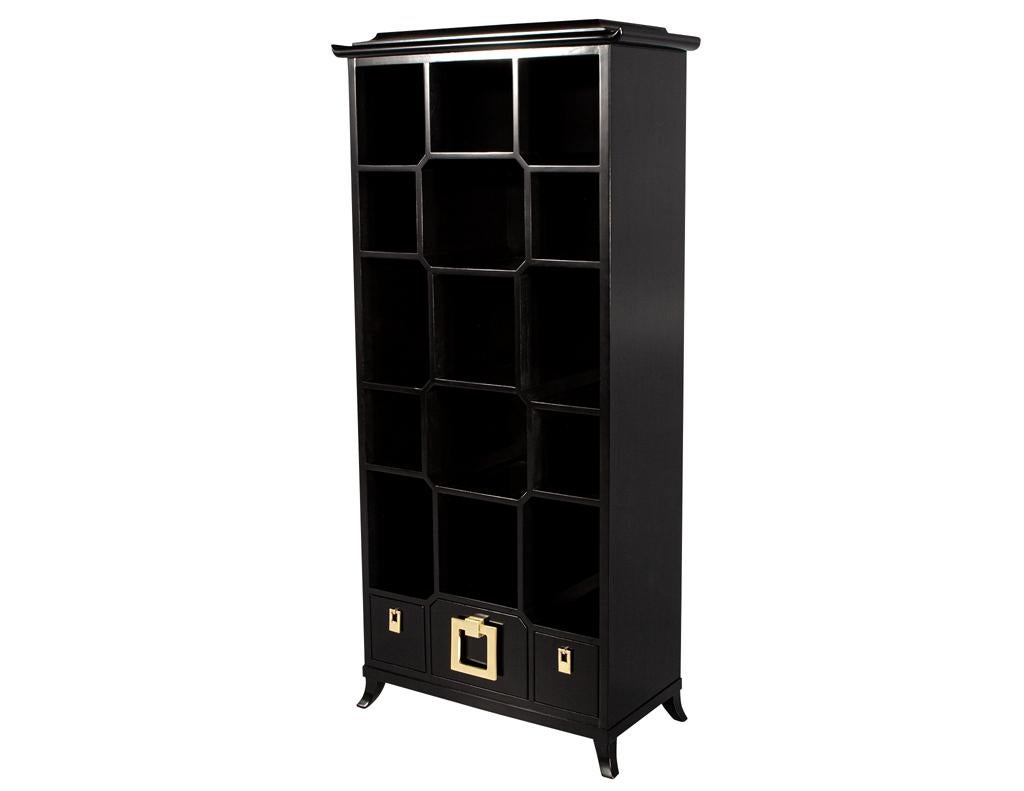 Chinoiserie Black Lacquer Bookcase Display Cabinet For Sale