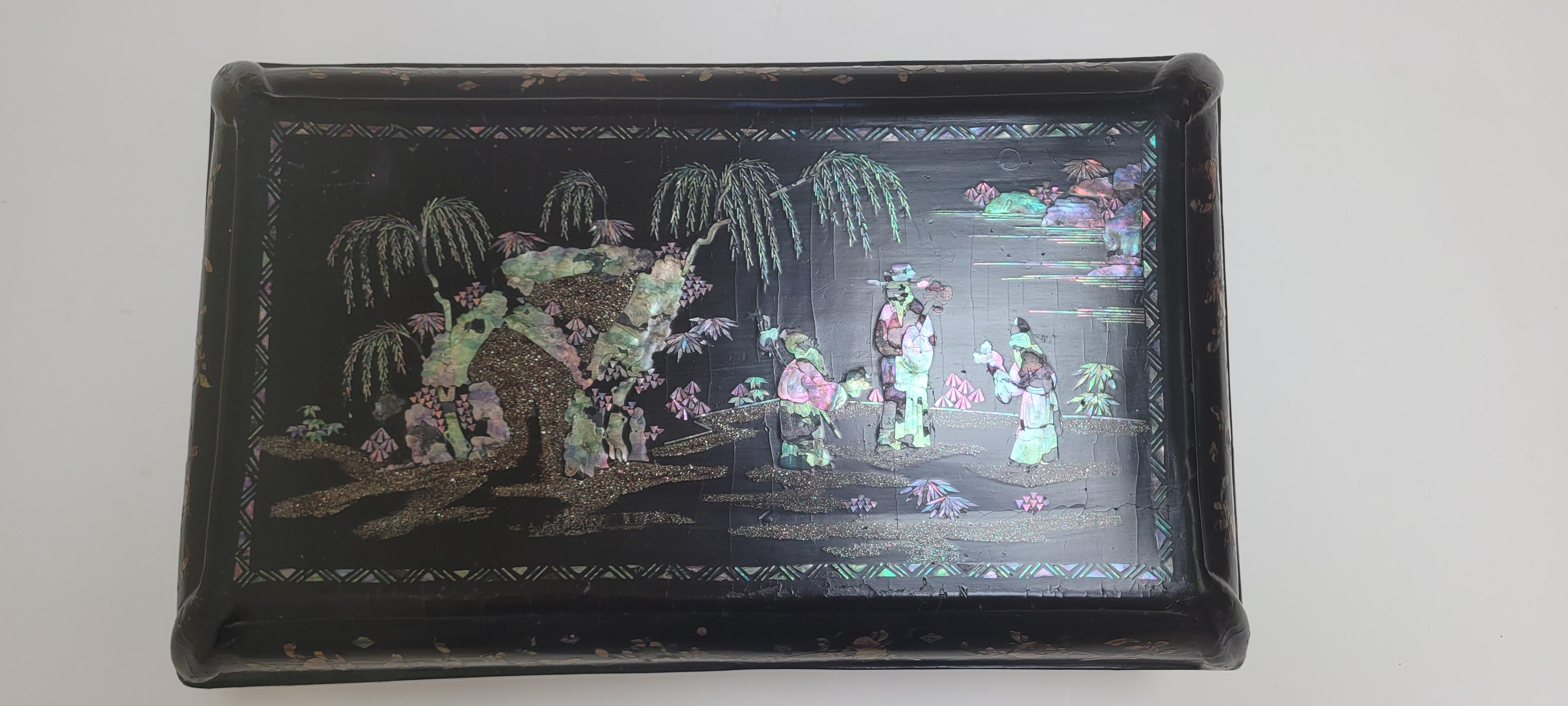 Wood: bamboo              Origin: Anhui/Zhegieng     Period: 18th

This type of lacquer box has a inner bamboo core covered with heavy coatings of lacquer.  The lacquer surface is further decorated with “wucai” mother of pearl inlay.  “Wucai” stands