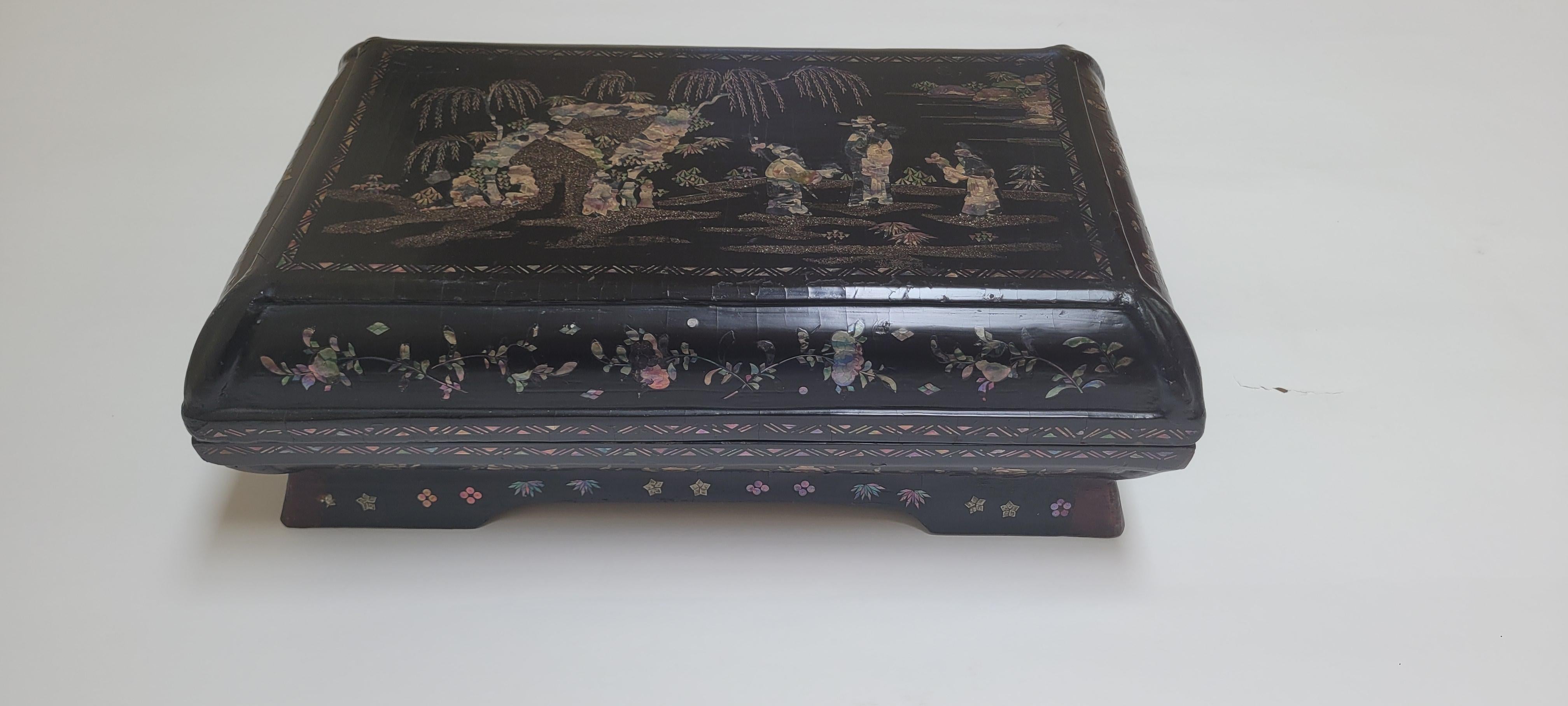 Chinese Black Lacquer Box with Mother of Pearl inlay - 18th Century For Sale