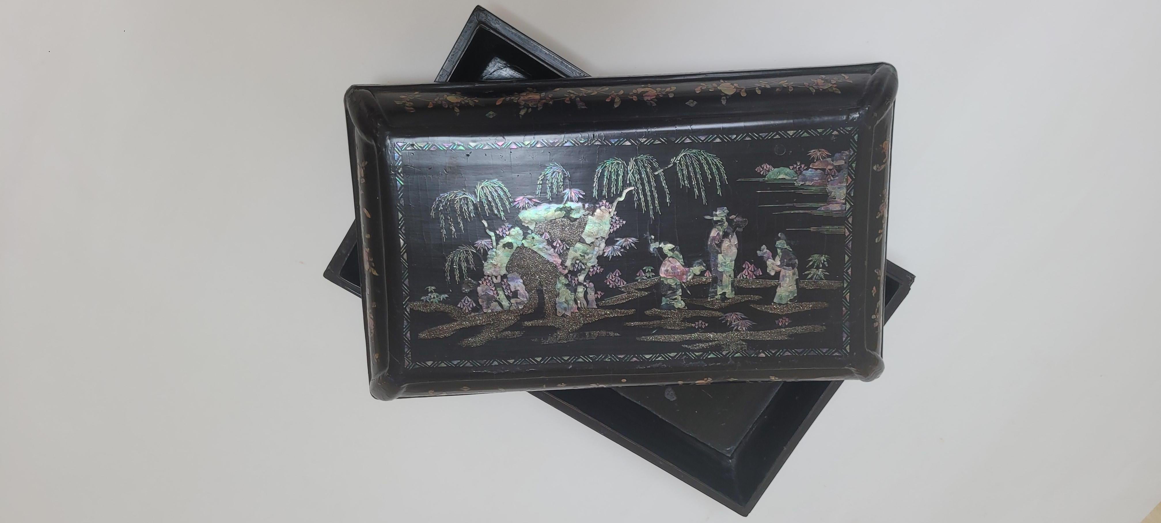 Bamboo Black Lacquer Box with Mother of Pearl inlay - 18th Century For Sale