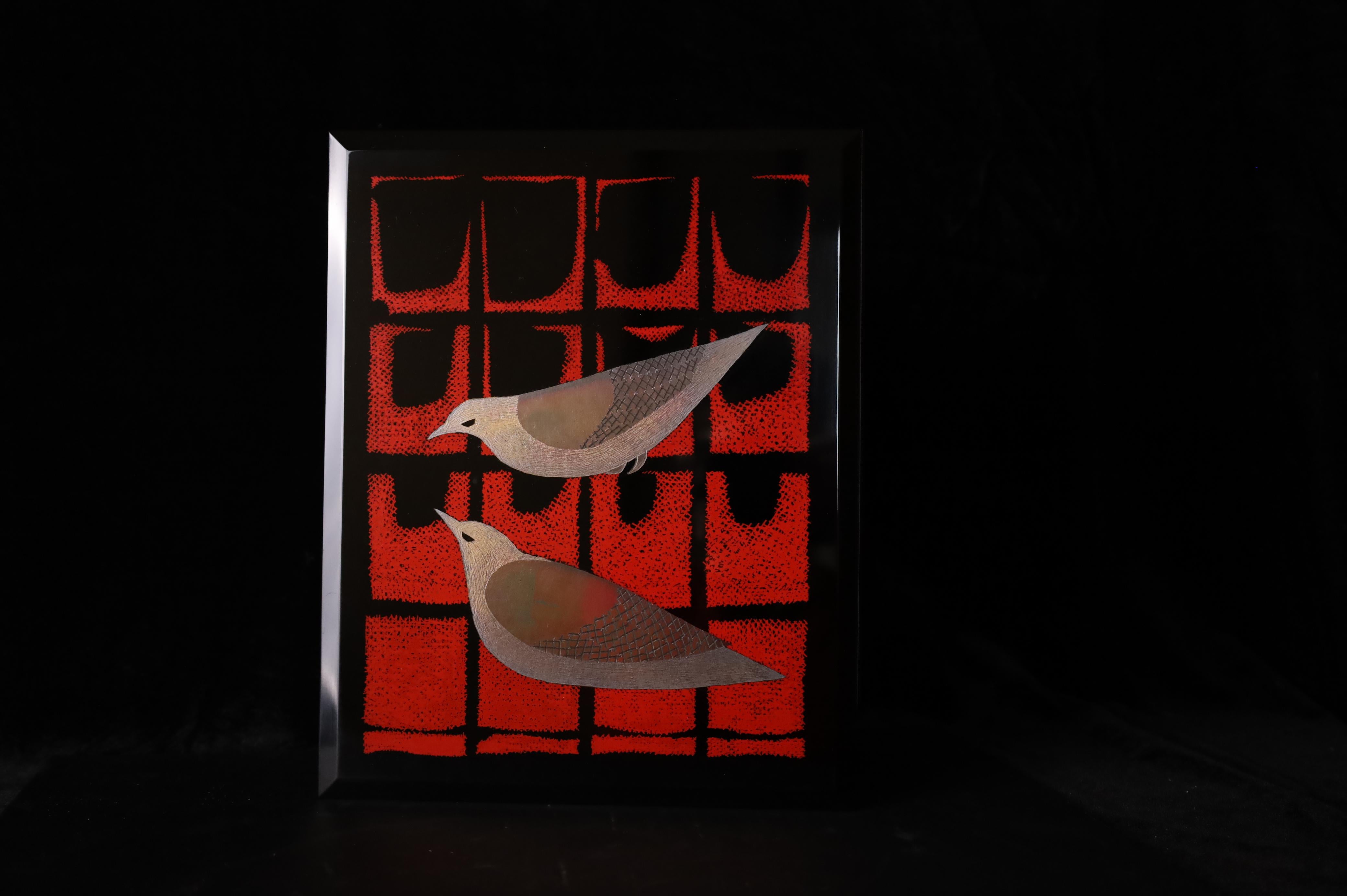 Japanese Black Lacquer Box with Silver Birds by Hiroshi Mimura (1921–1975), Japan, Showa For Sale