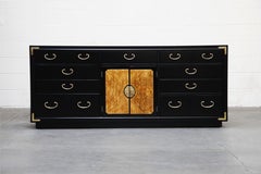 Black Lacquer, Brass and Burled Wood Campaign Dresser by Thomasville, Signed