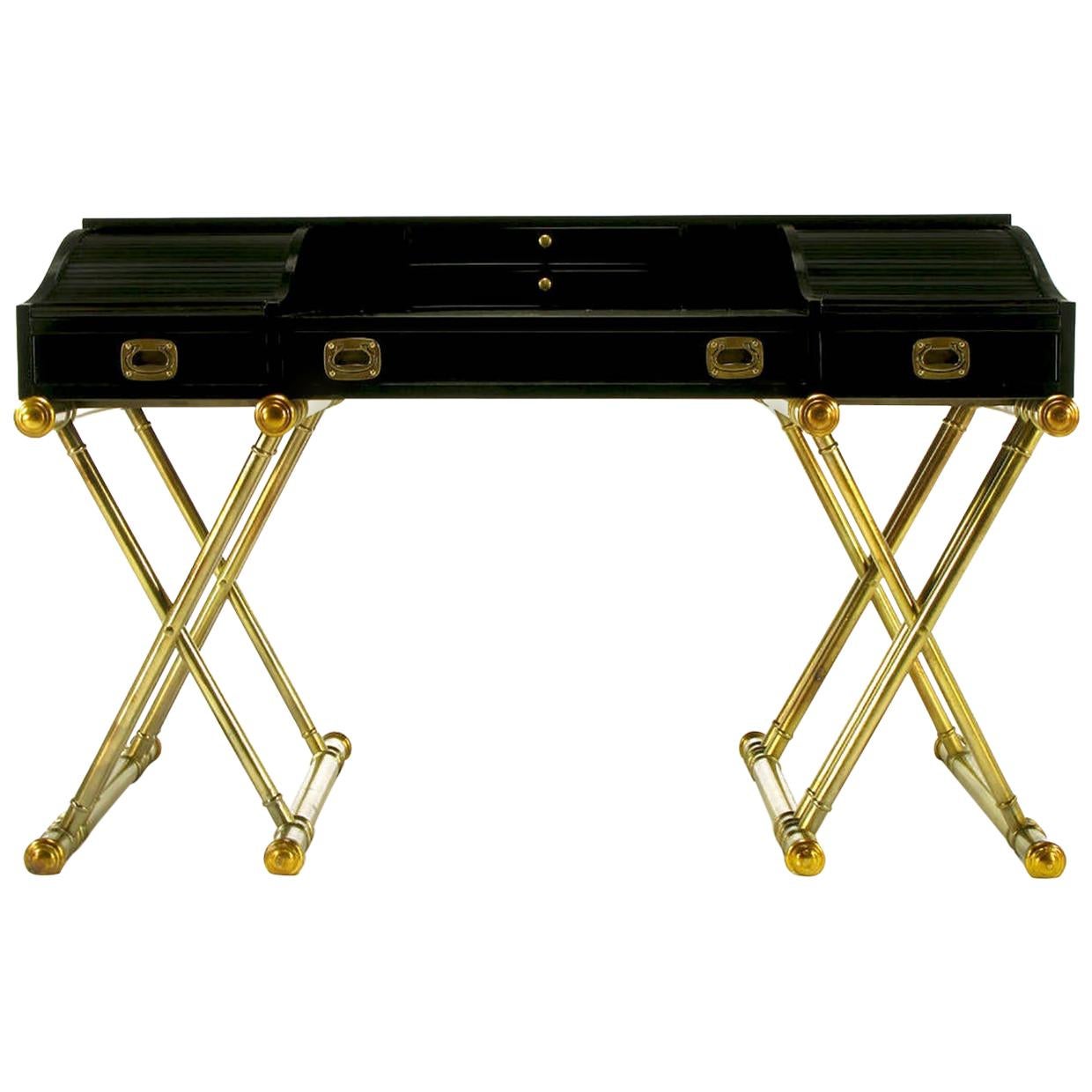 Black Lacquer Brass Faux Bamboo Base Campaign Secretary Roll Top Style Desk