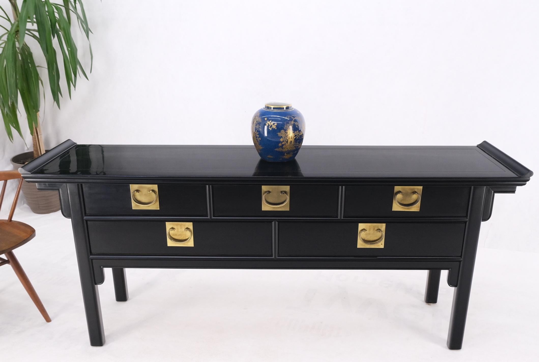 Black Lacquer Brass Hardware 5 Drawers Oriental Long Credenza Console Table Mint 7