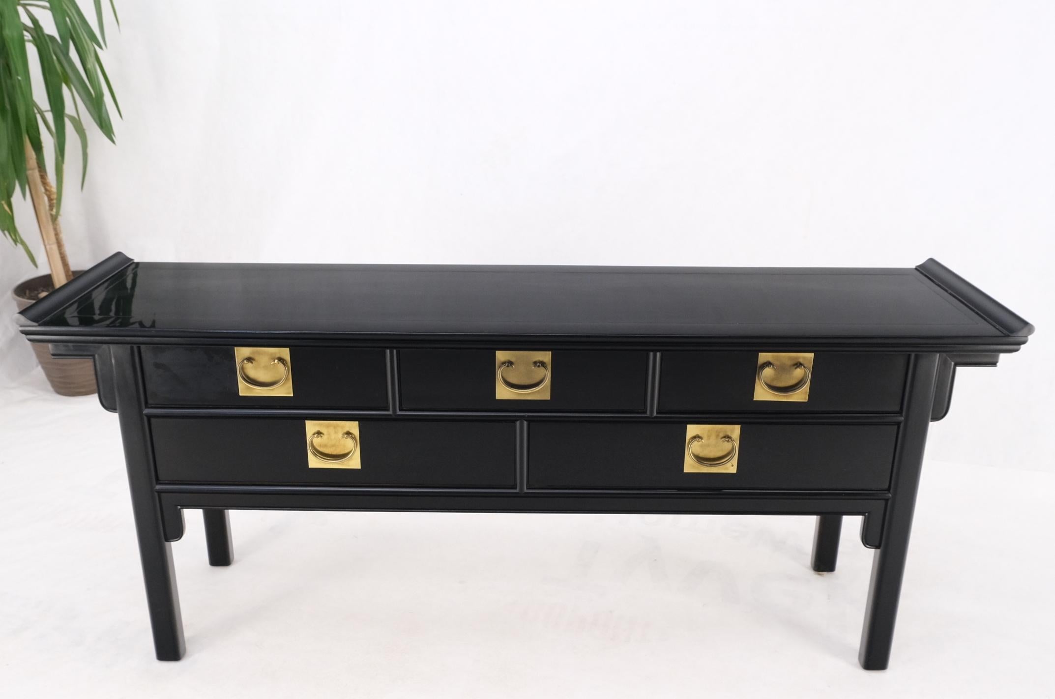 Black Lacquer Brass Hardware 5 Drawers Oriental Long Credenza Console Table Mint 8