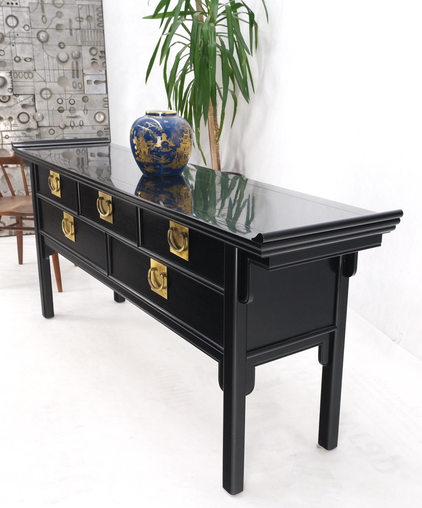 Black lacquer brass hardware 5 drawers oriental long credenza console table mint.