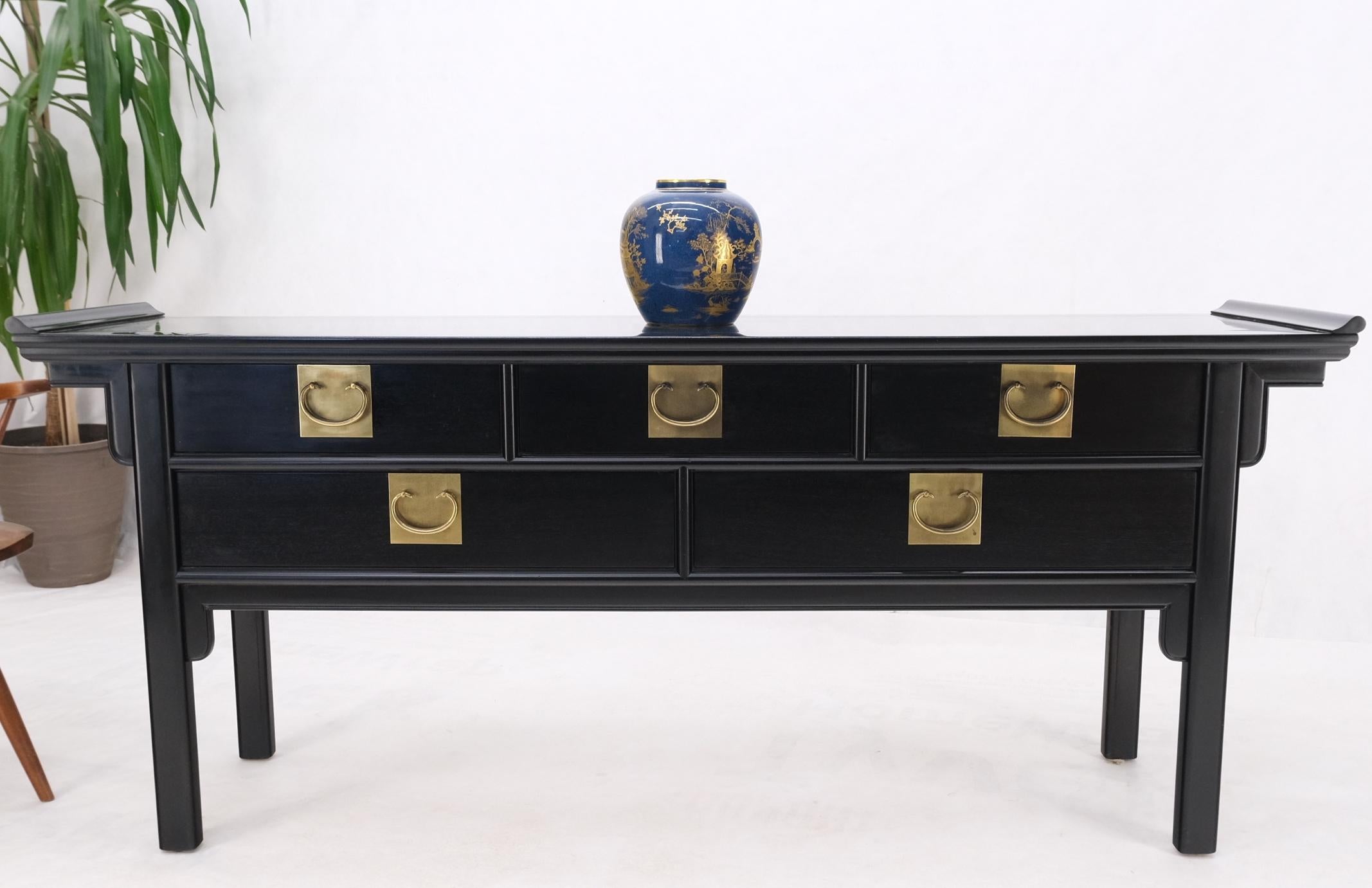 Black Lacquer Brass Hardware 5 Drawers Oriental Long Credenza Console Table Mint 11