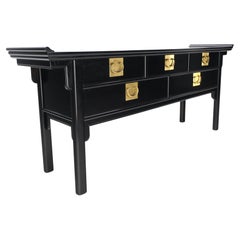 Black Lacquer Brass Hardware 5 Drawers Oriental Long Credenza Console Table Mint