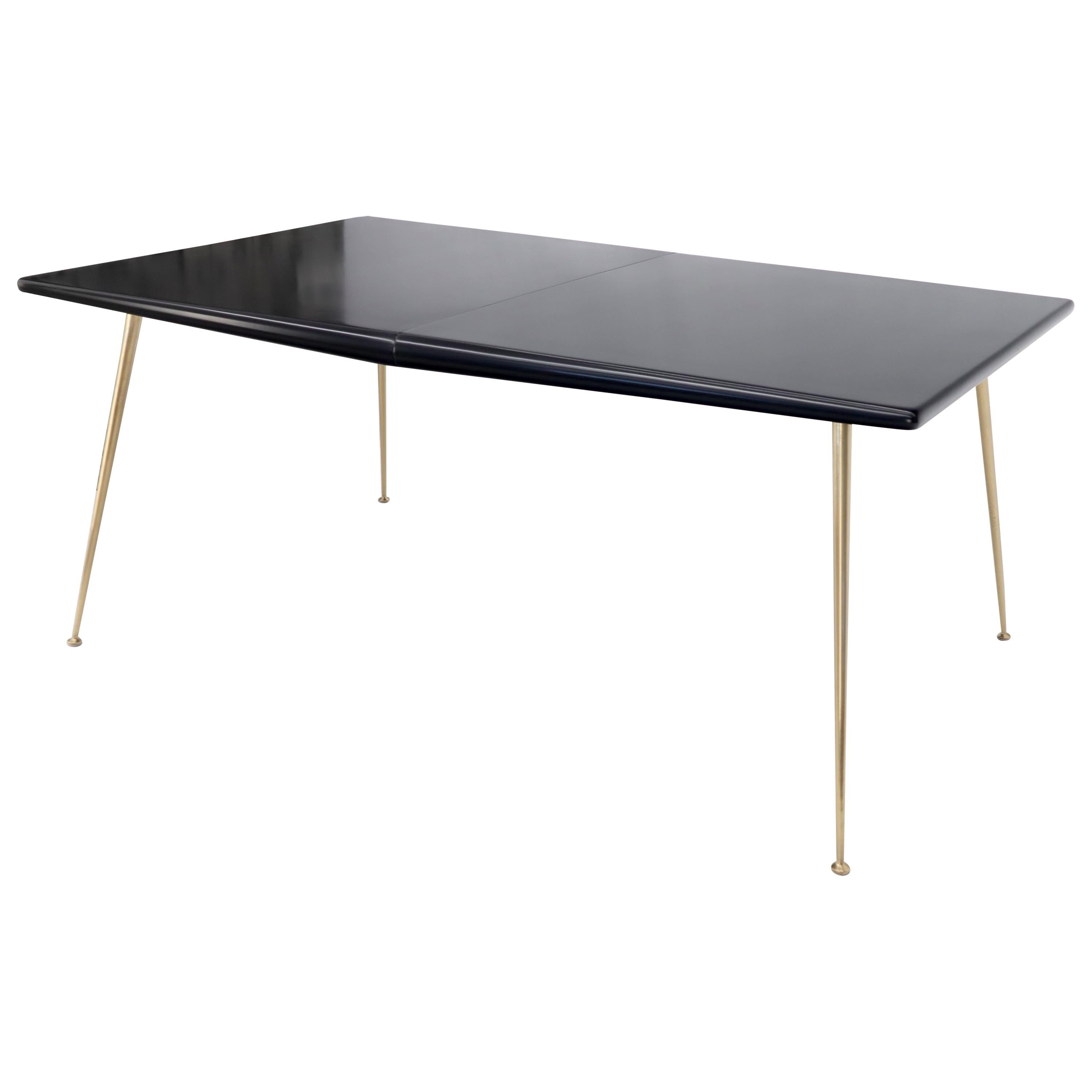 Black Lacquer Brass Legs Gibbings Dining Table with 1 Extensions Board For Sale