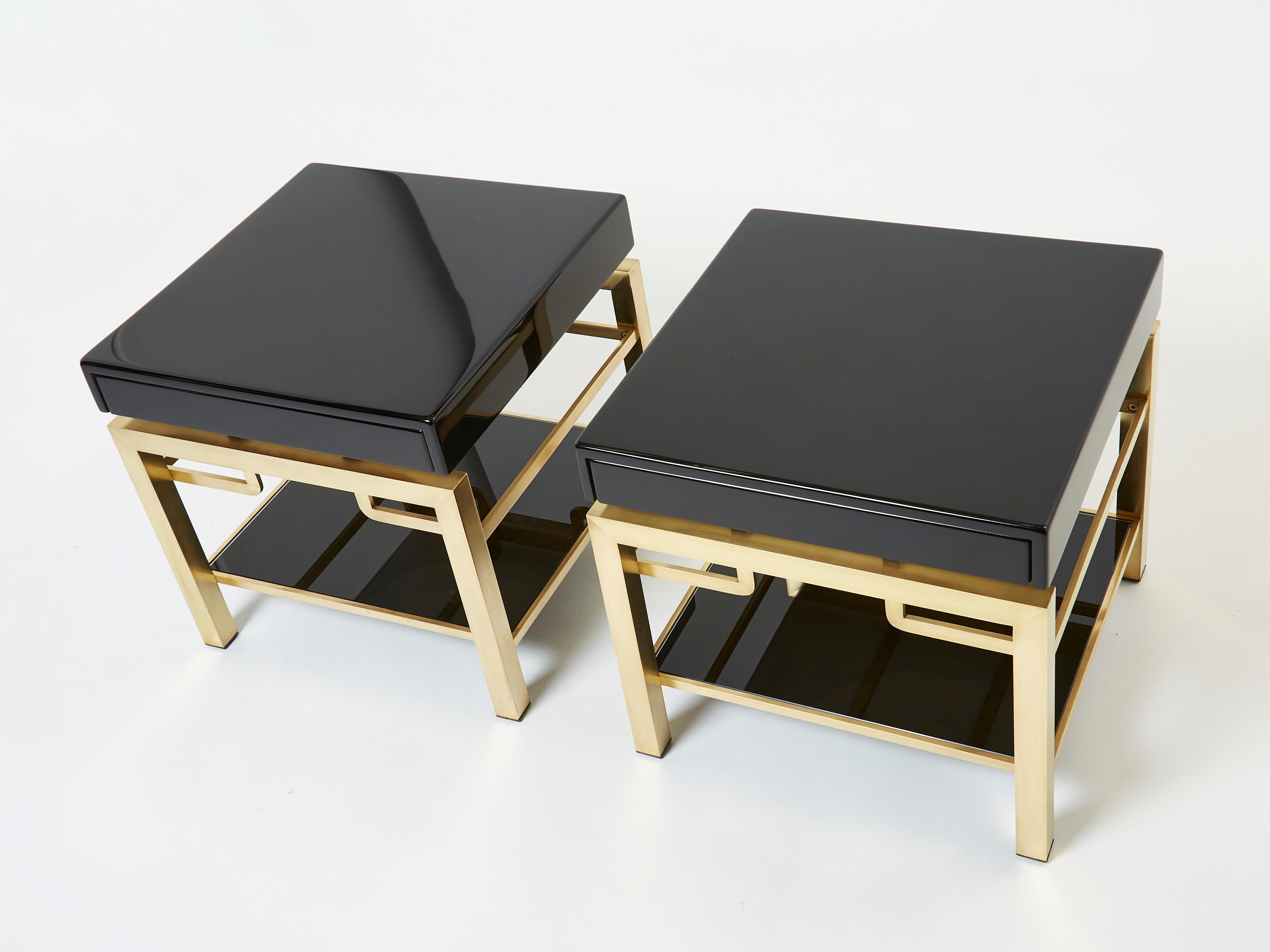 Mid-Century Modern Black Lacquer Brass Two-Tier End Tables Guy Lefevre for Maison Jansen, 1970s For Sale