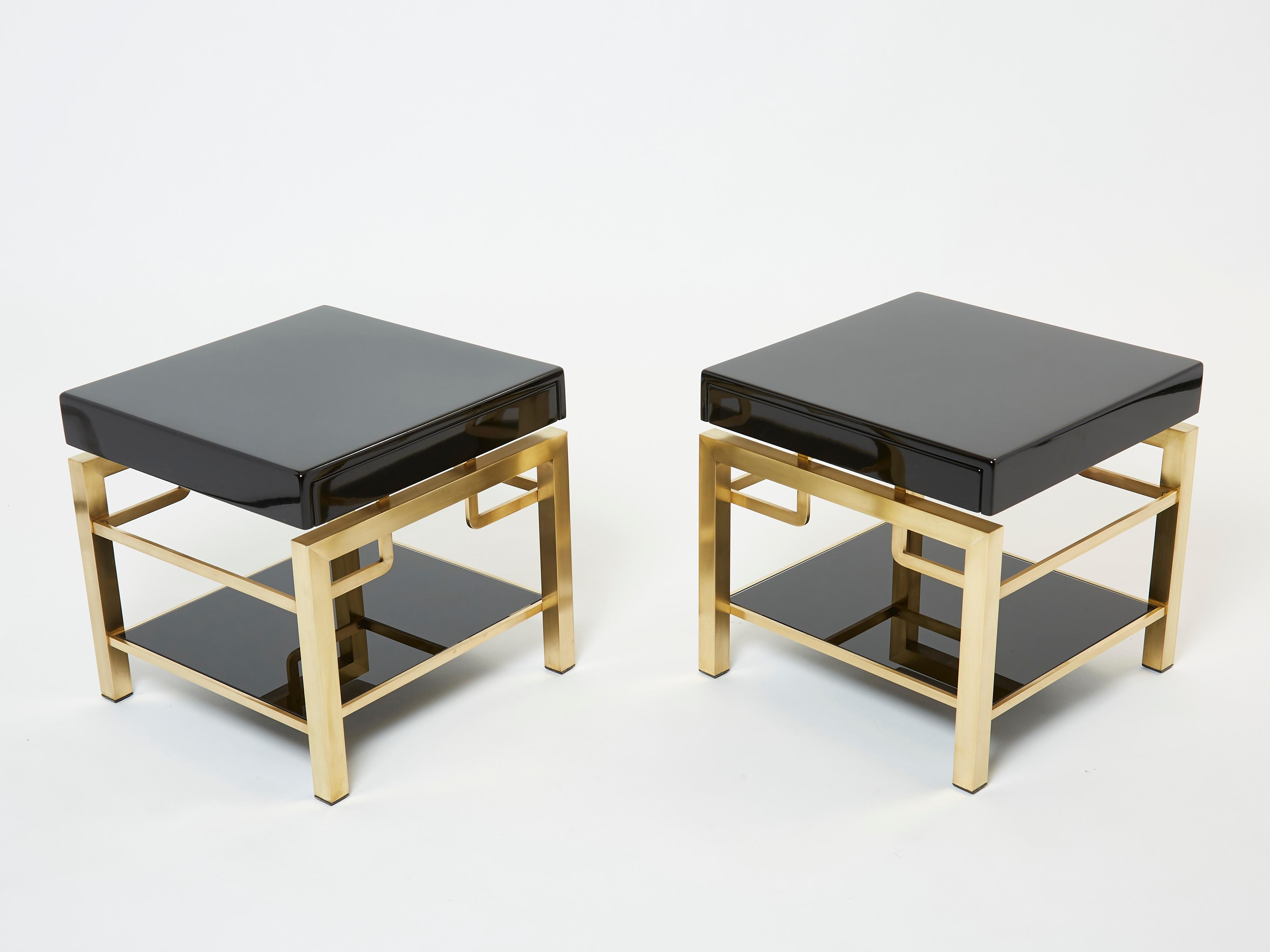 Black Lacquer Brass Two-Tier End Tables Guy Lefevre for Maison Jansen, 1970s In Good Condition For Sale In Paris, IDF