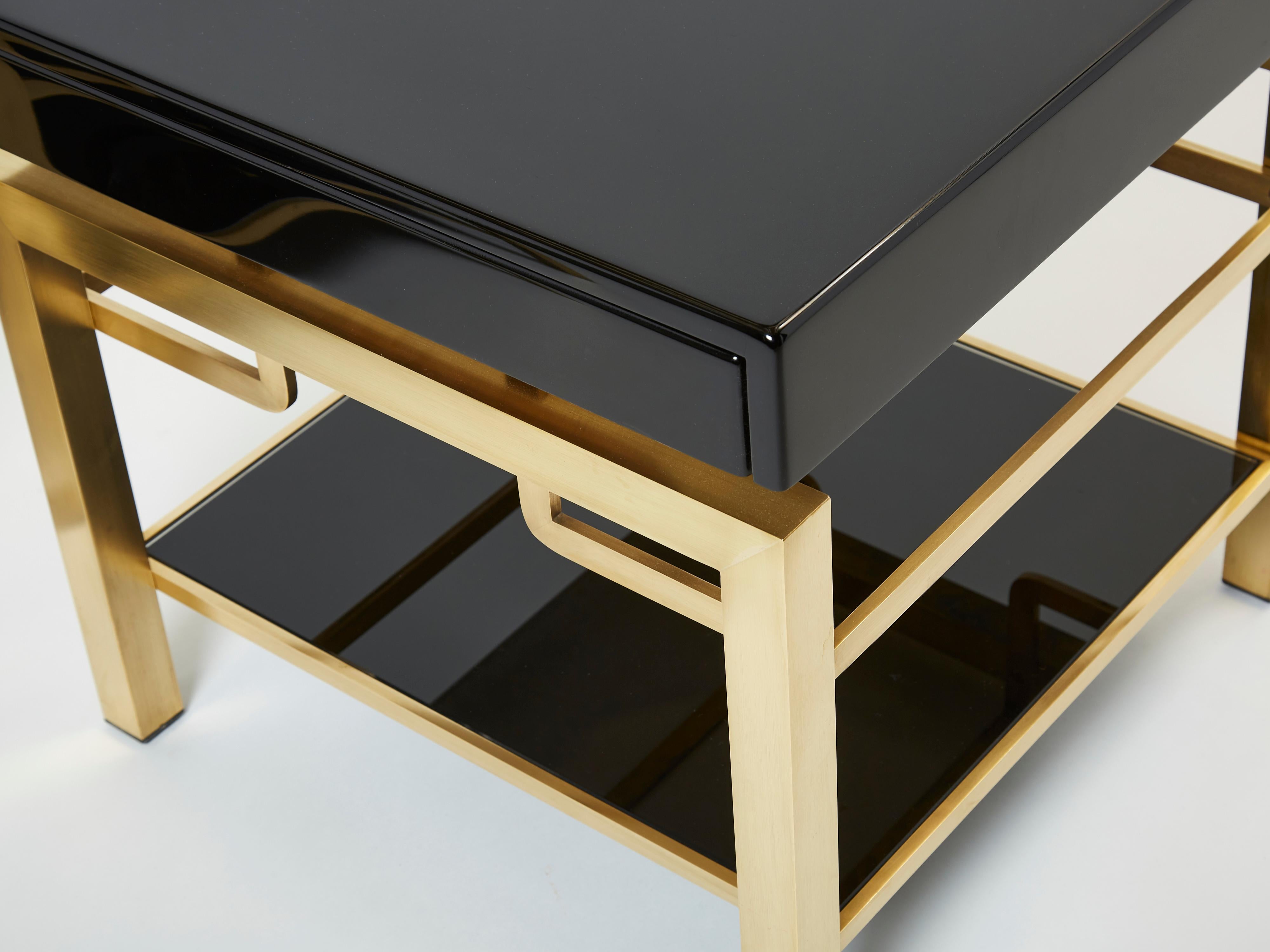 Late 20th Century Black Lacquer Brass Two-Tier End Tables Guy Lefevre for Maison Jansen, 1970s For Sale