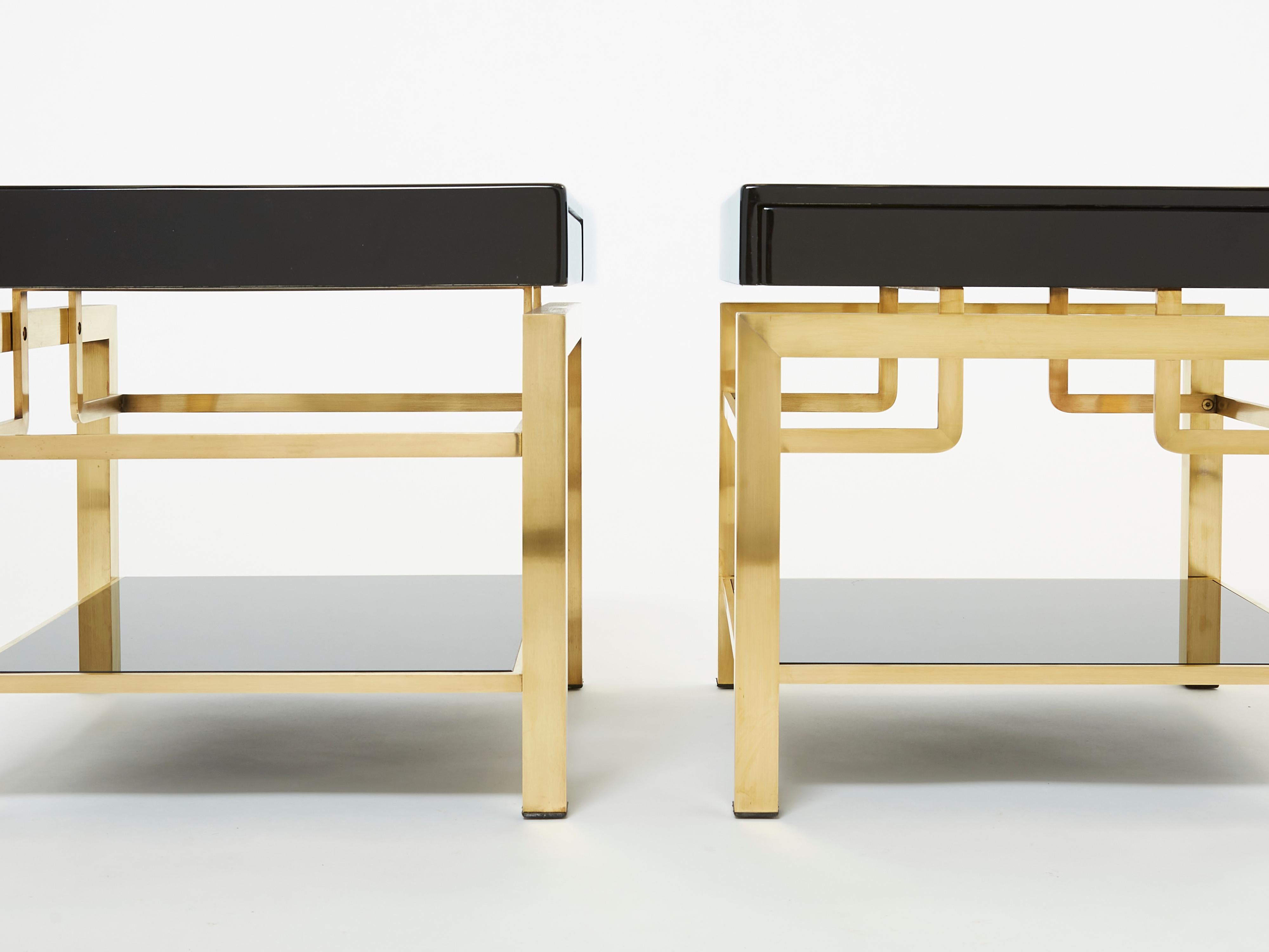 Black Lacquer Brass Two-Tier End Tables Guy Lefevre for Maison Jansen, 1970s For Sale 2