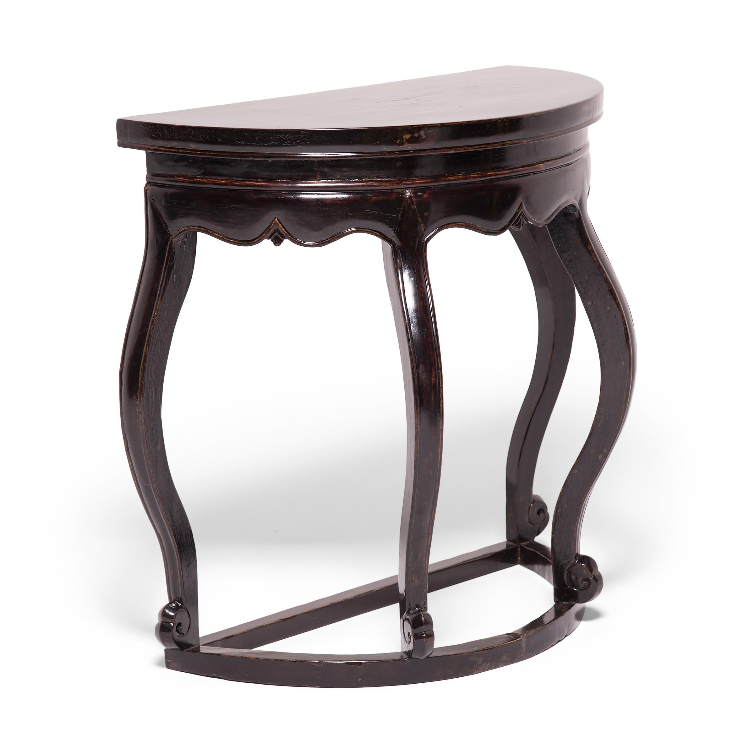 Qing Black Lacquer Bulbous Demilune Table, c. 1850 For Sale