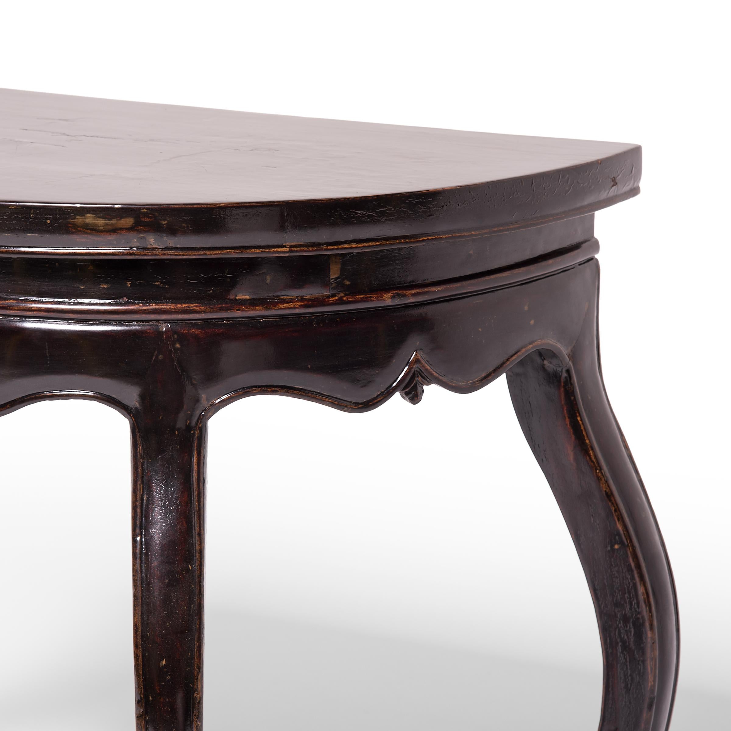 Lacquered Black Lacquer Bulbous Demilune Table, c. 1850 For Sale