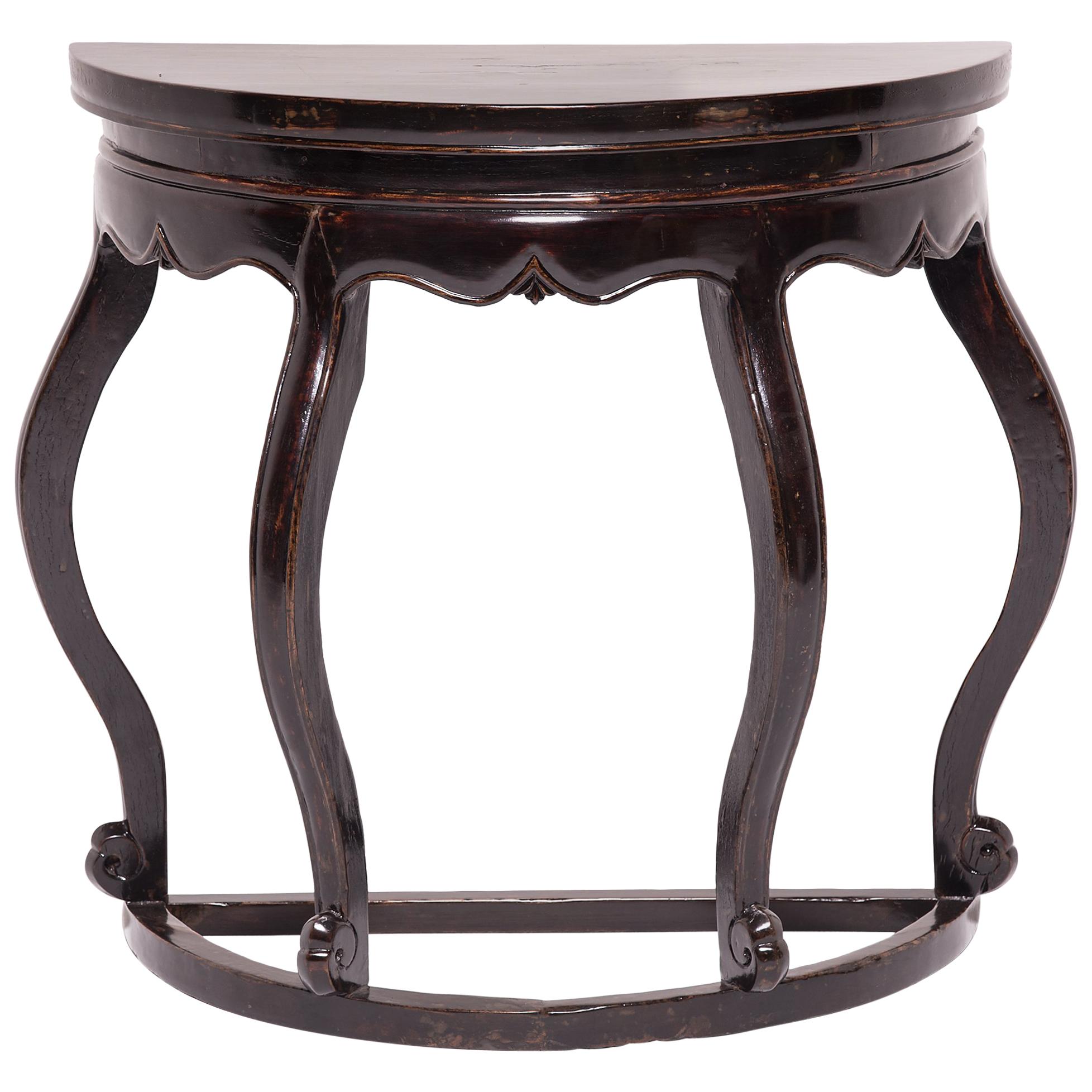Black Lacquer Bulbous Demilune Table, c. 1850 For Sale