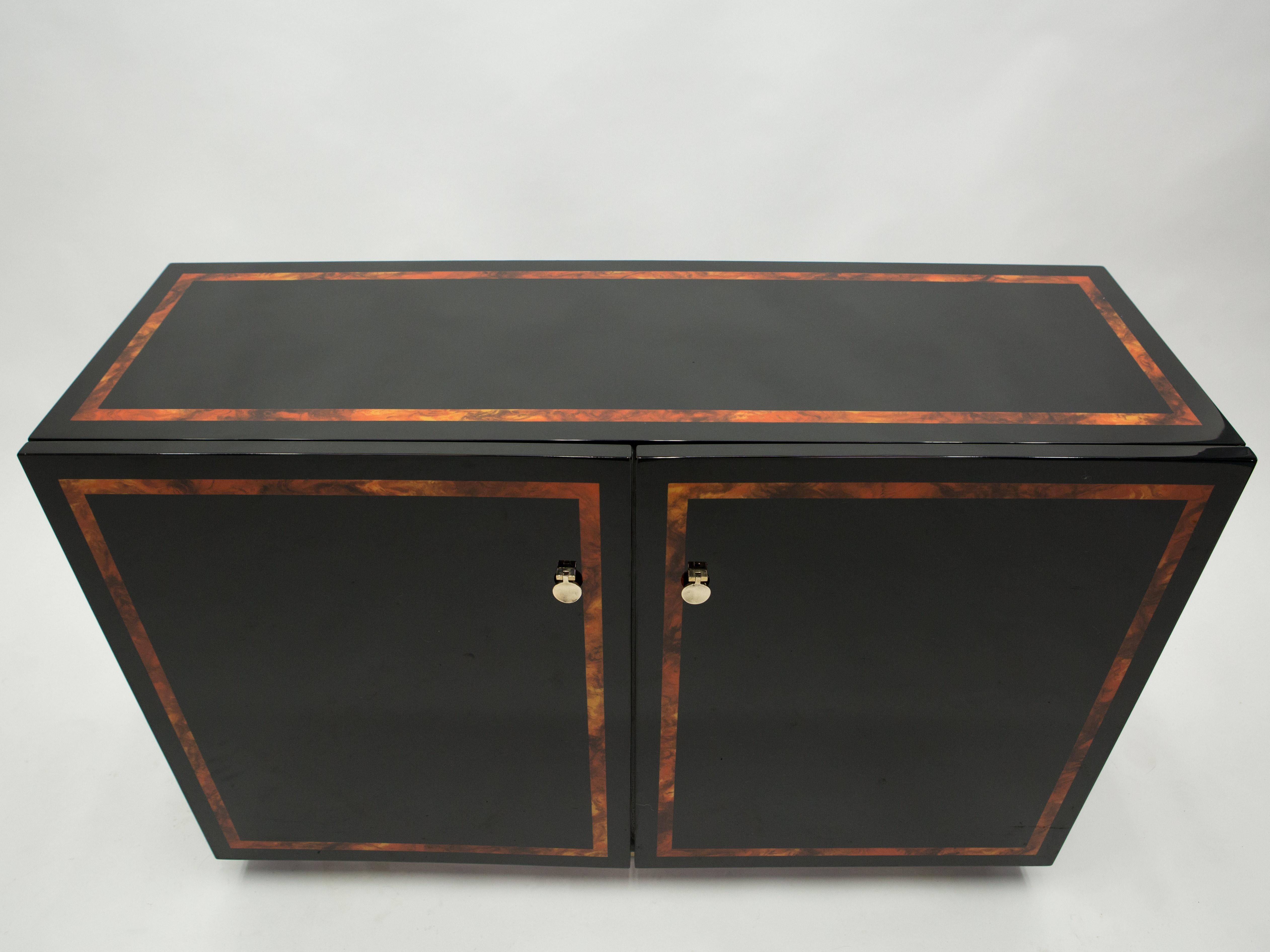 Mid-Century Modern Black Lacquer Burl Wood Brass Cabinet Sideboard by J.C. Mahey, 1970s